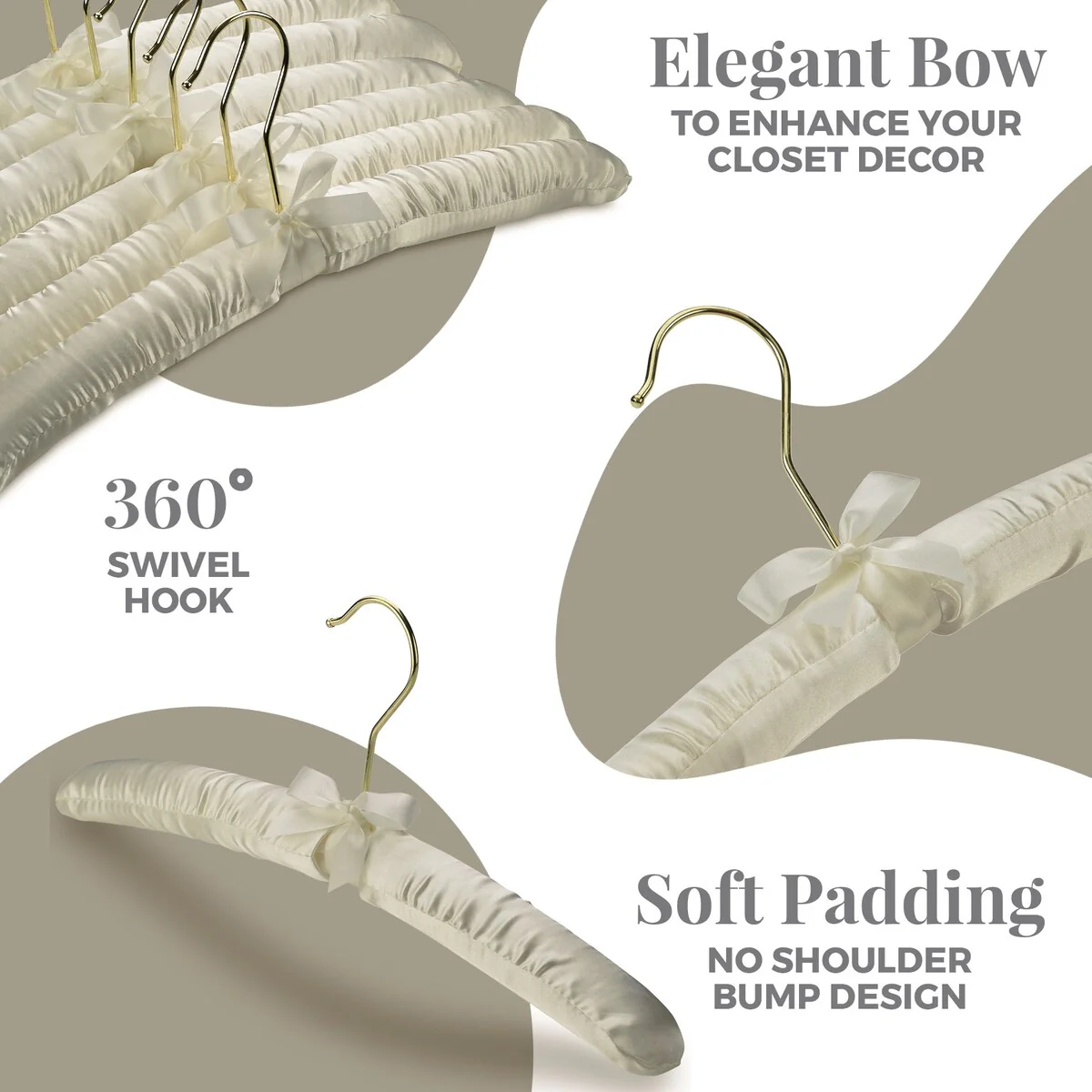 Premium Heavy Duty Thick Satin Padded Hangers Anti Slip - Ivory, Set of 12
