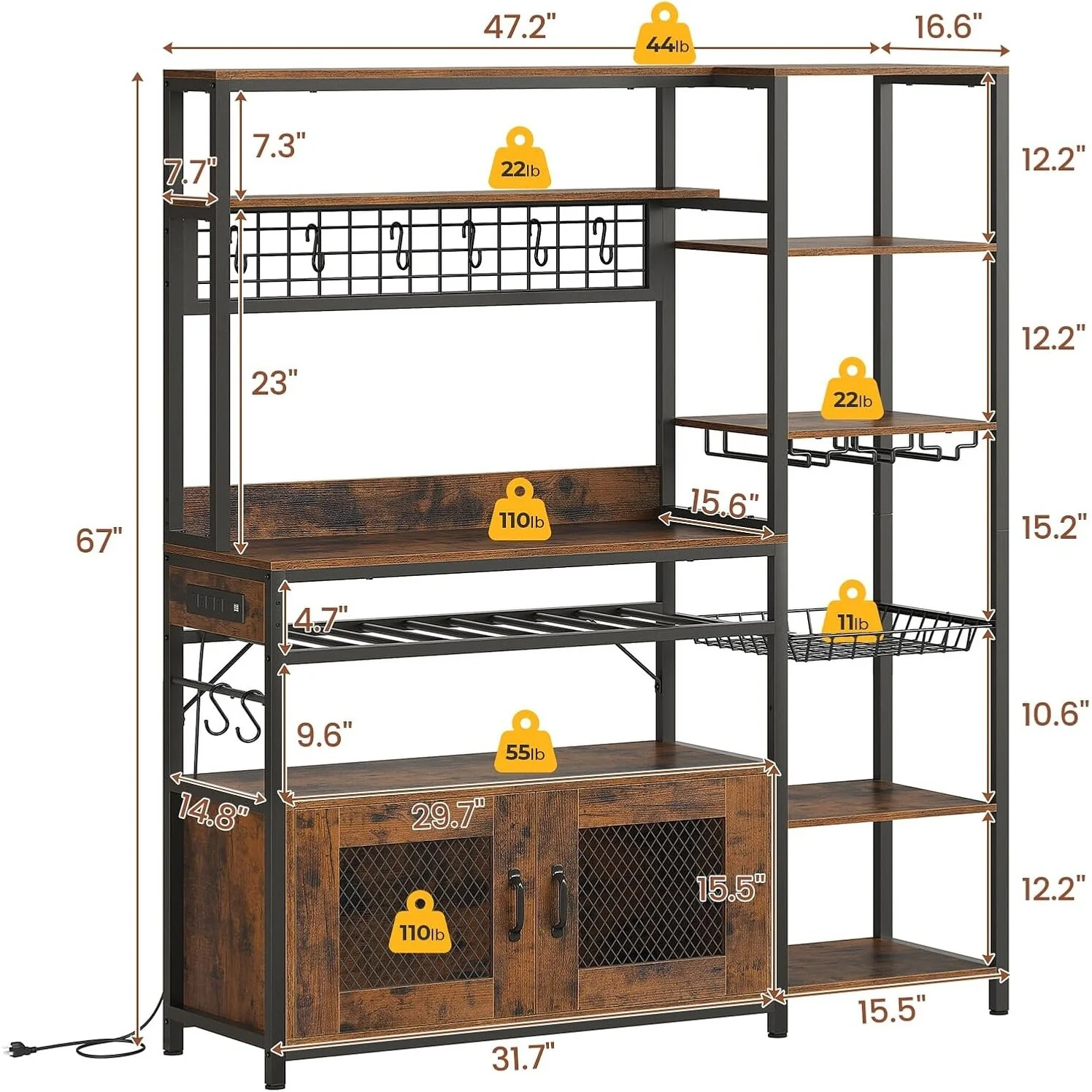 47.2 in Bakers Rack with Power Outlet Coffee Bar with Cabinet
