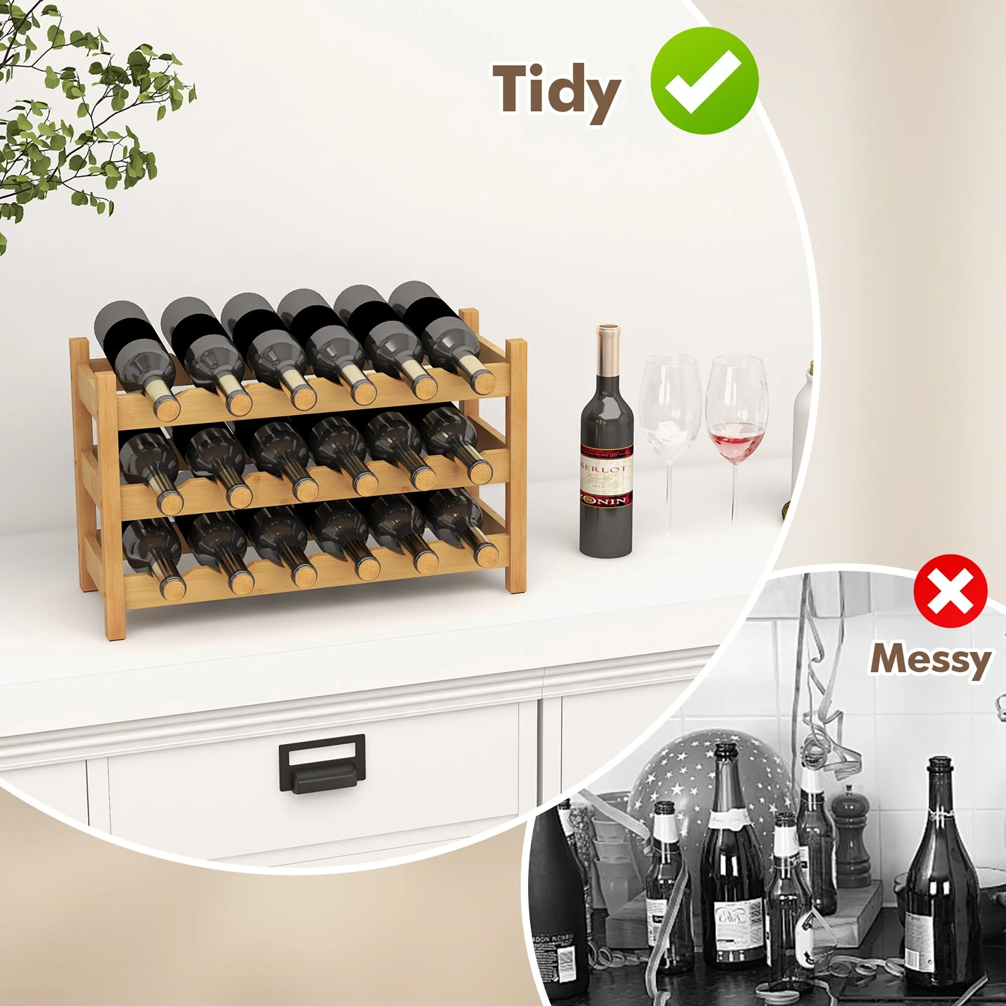 Gymax 3 Tier 18 Bottle Wine Storage Cabinet Shelf Bamboo Wine Rack for