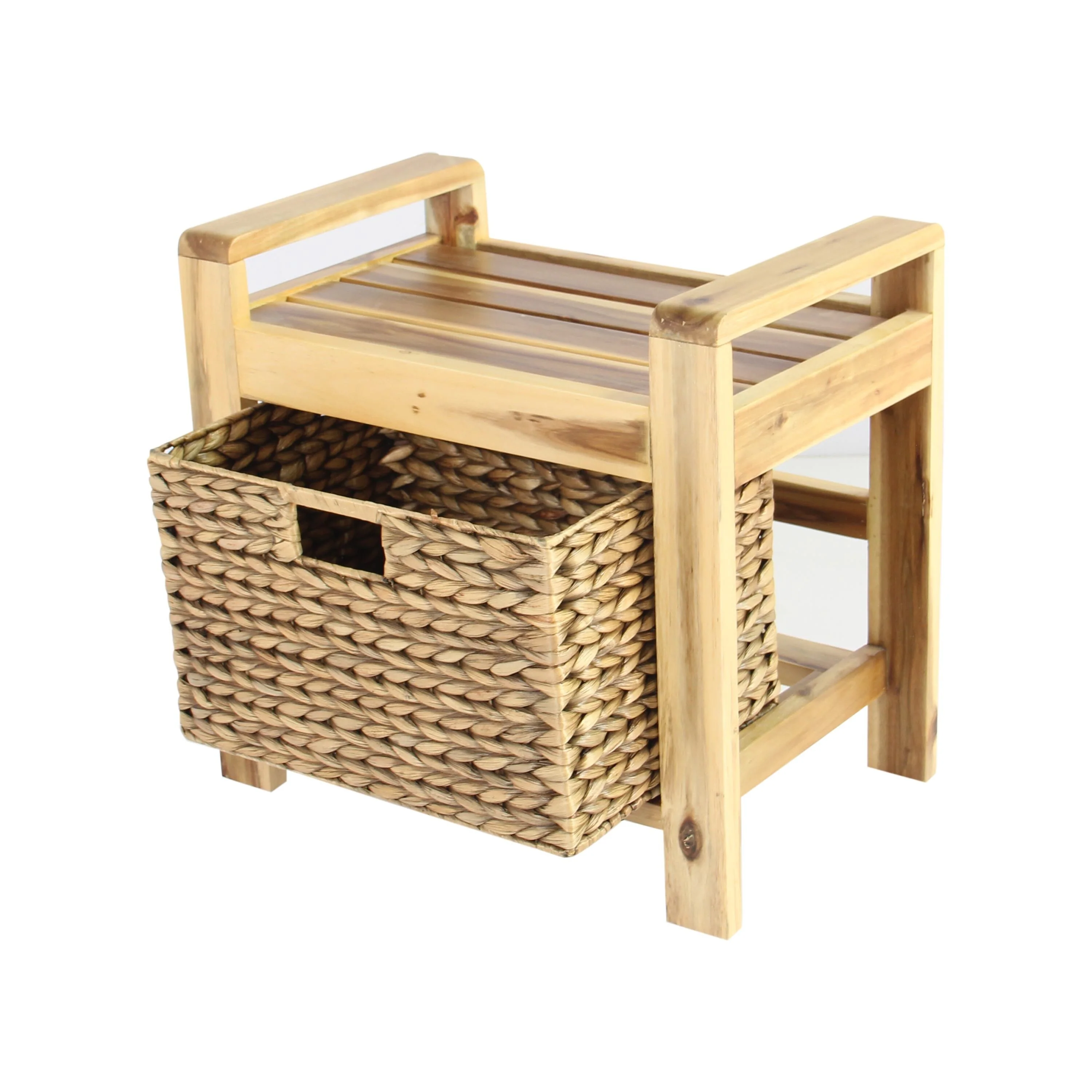 M4H Brae Solid Wood Natural Water Hyacinth Basket Storage Ottoman