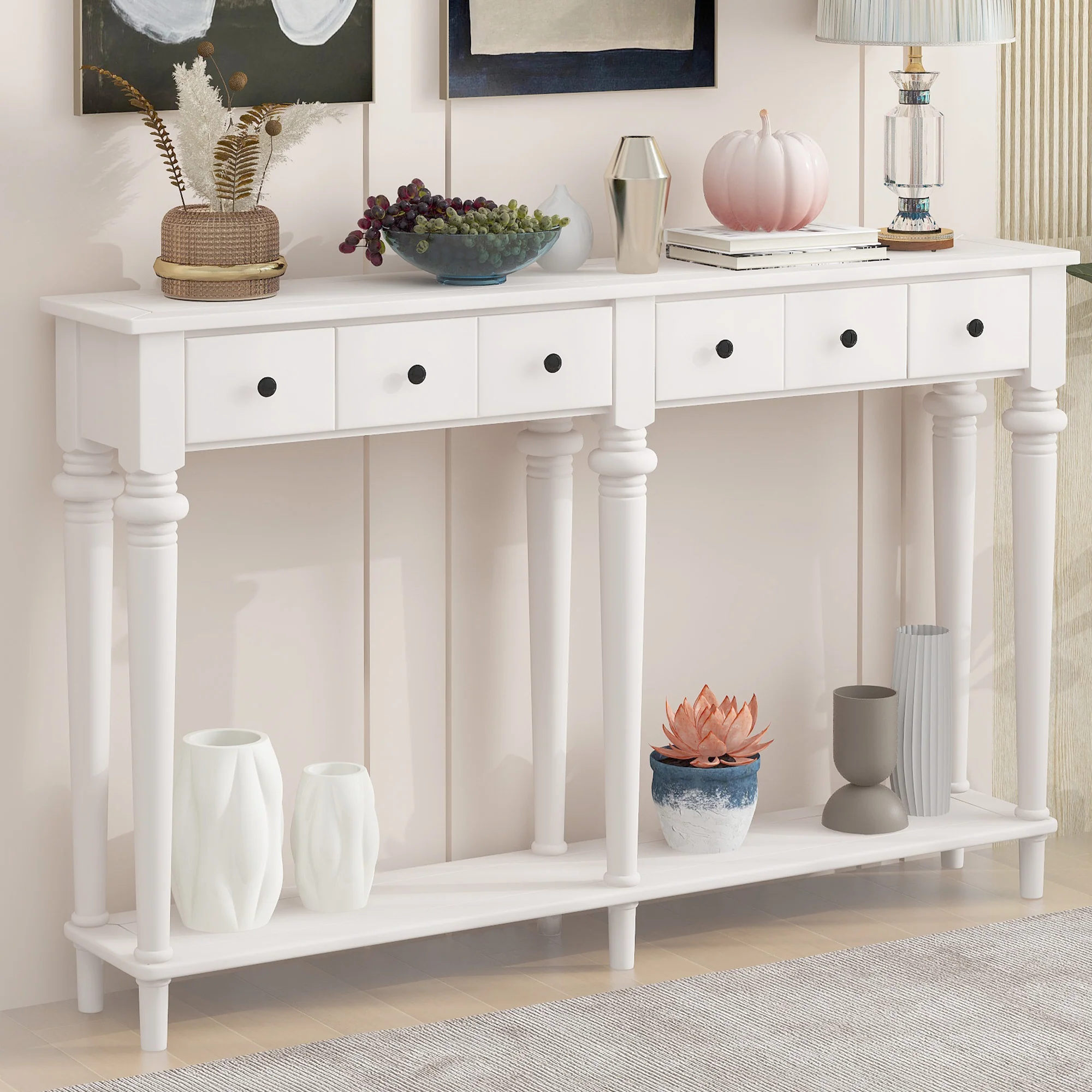 Console Table with 4 Drawers and Open Shelf