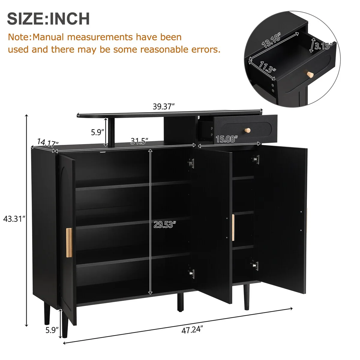 Shoe Cabinet with Arched Doors and Drawer, Cream Style Storage Sideboard with Adjustable Shelves and Solid Wood Legs
