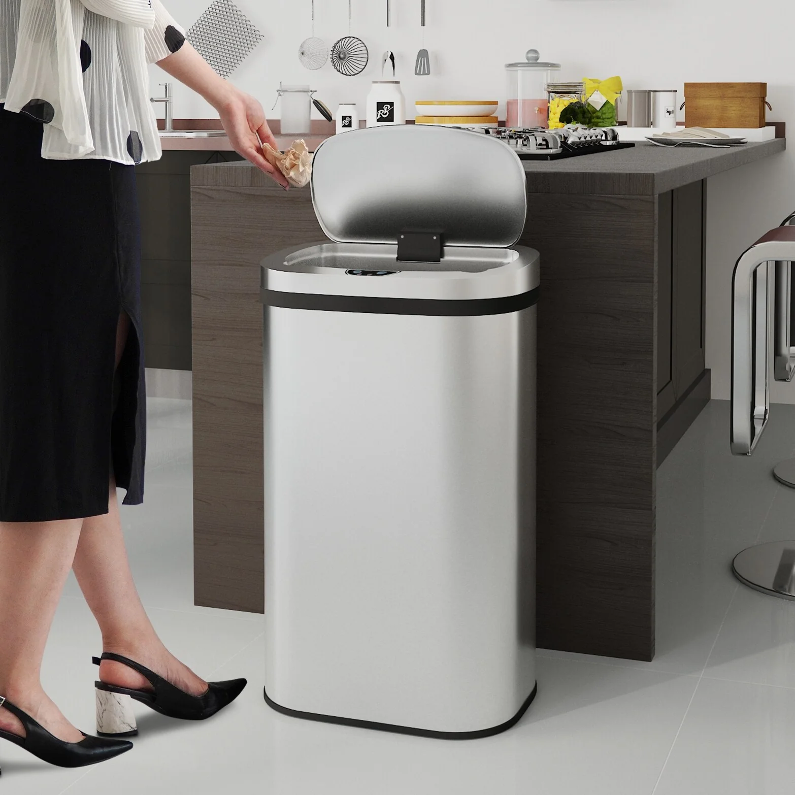 Innovaze 15.6 Gal./60 Liter Stainless Steel Oval Motion Sensor Trash Can for Kitchen