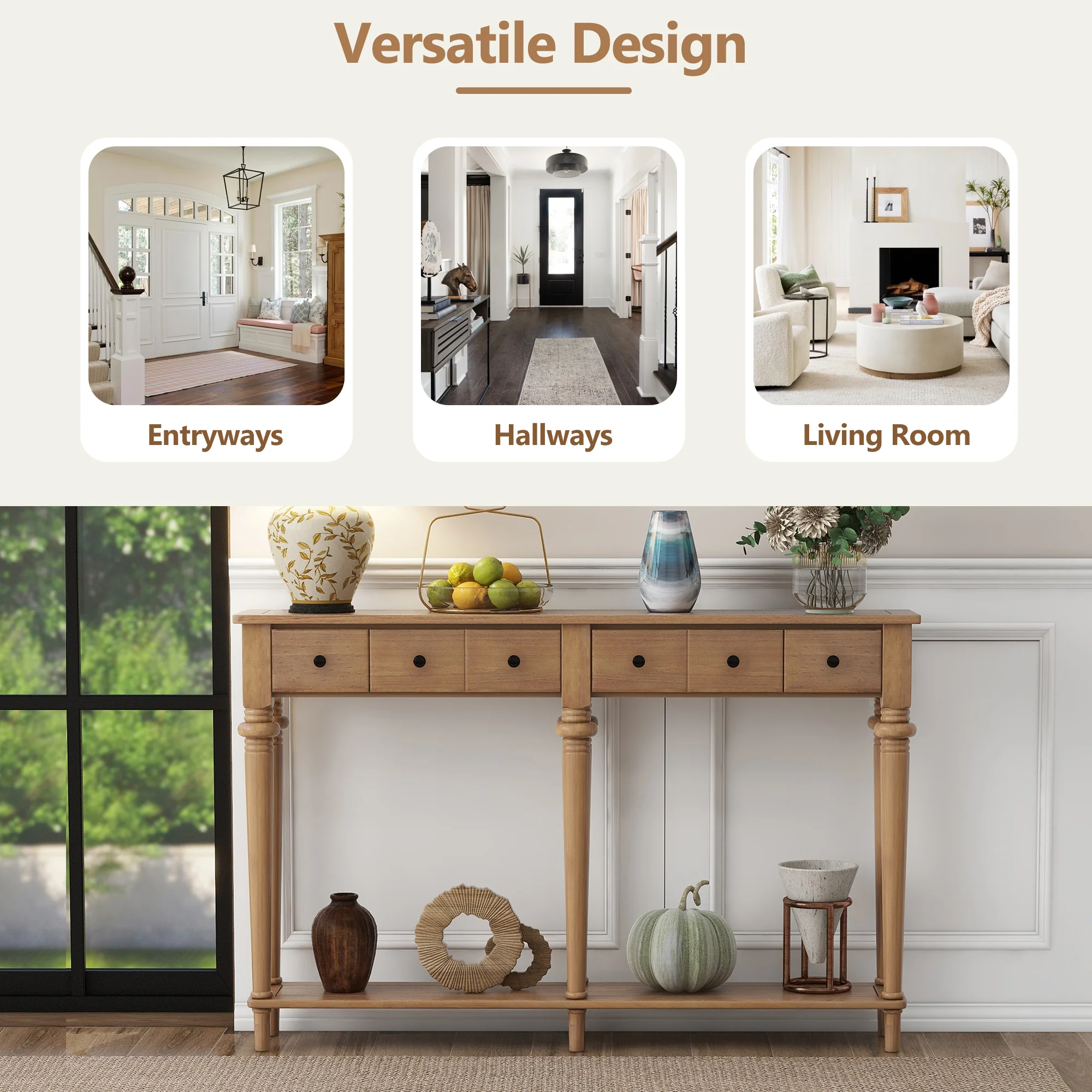 Console Table with 4 Drawers and Open Shelf