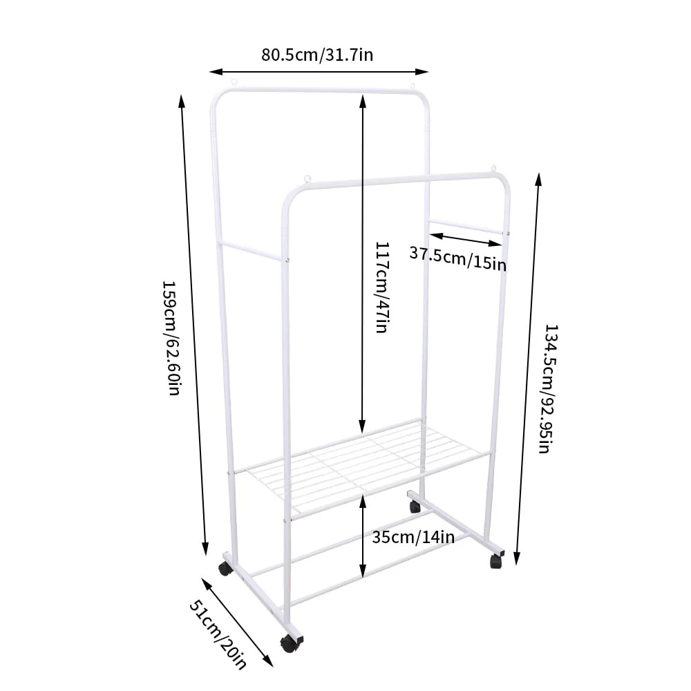Metal Double Rail Clothes Stand on Wheels