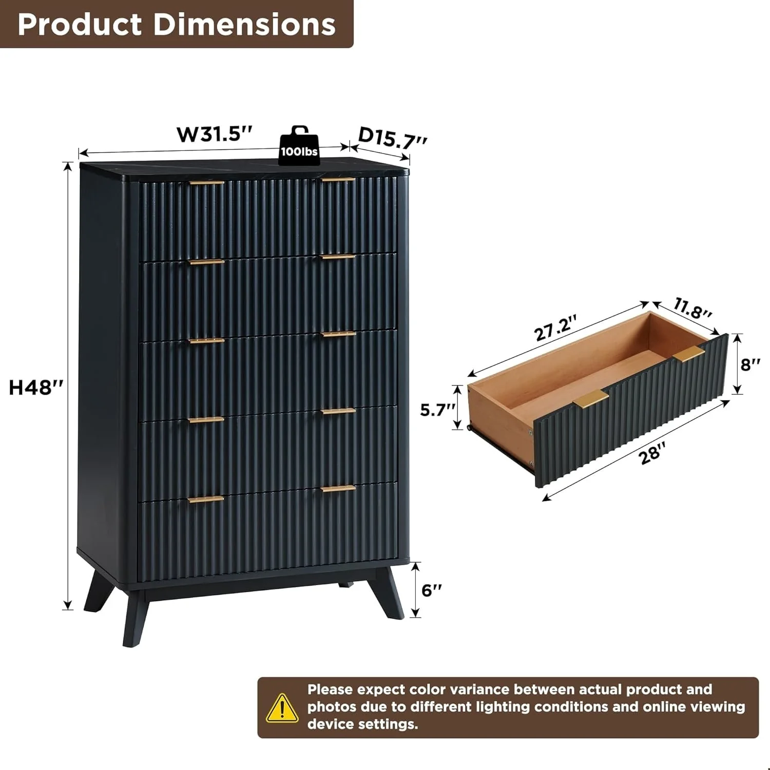 Modern Fluted 5 Drawers Dresser, Chest of Drawers, Dresser TV Stand