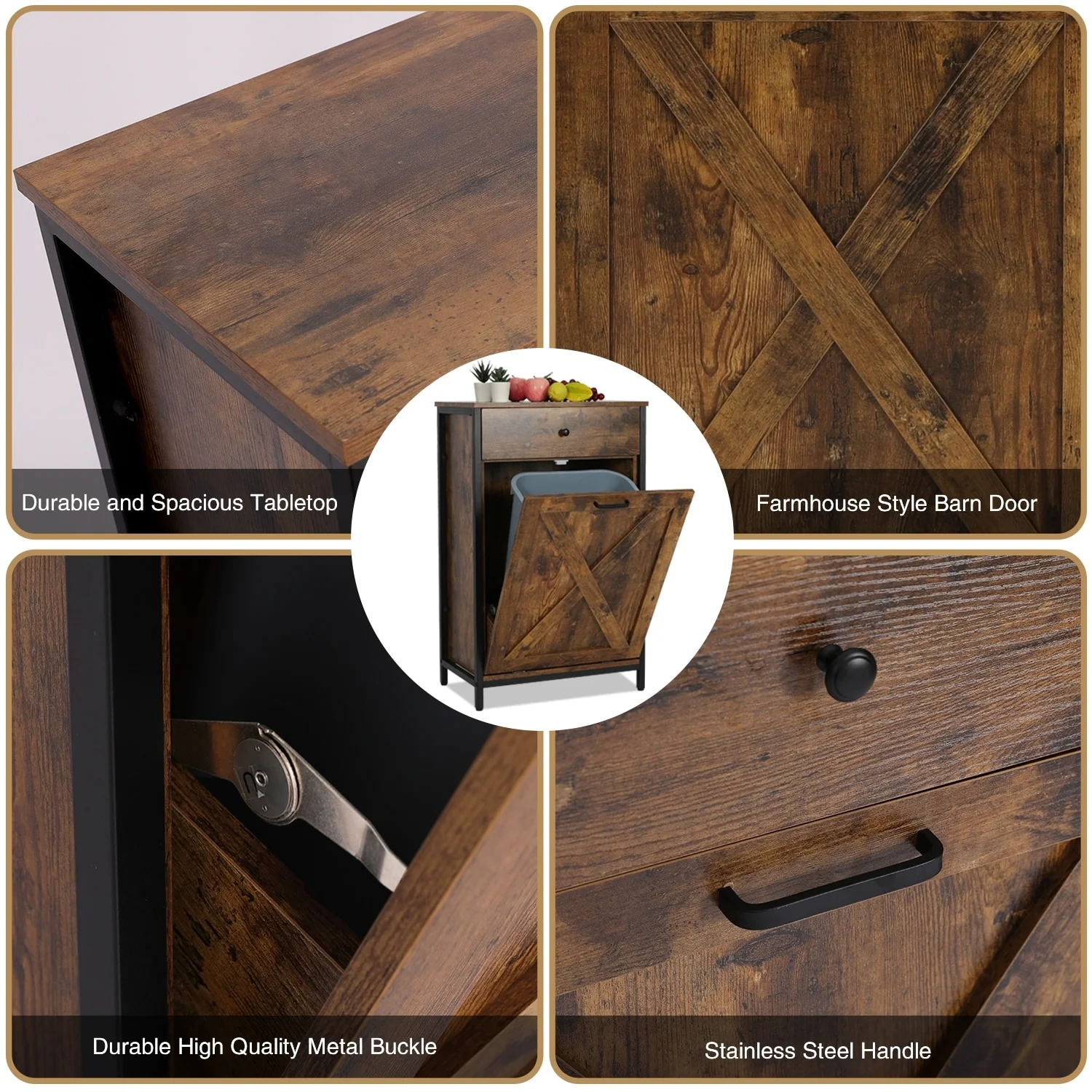 10 Gallon Tilt Out Kitchen Trash Cabinet Trash Can Wooden Tilts Out Hands Laundry Recycling Holder Brown