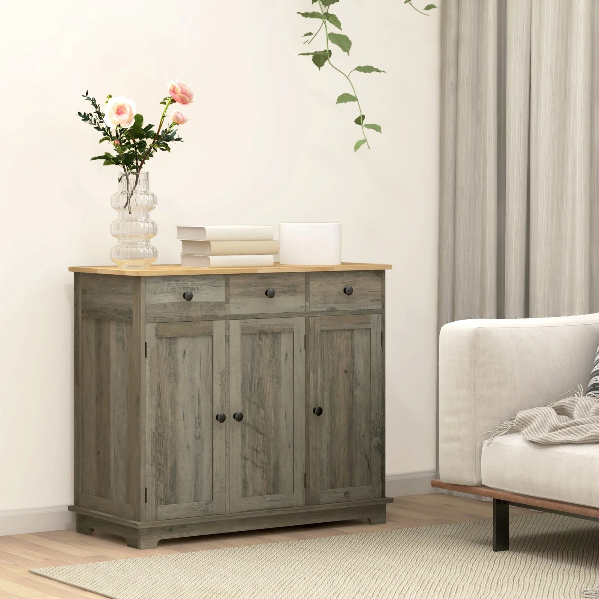 HOMCOM Sideboard with Solid Wood Countertop, Modern Kitchen Storage Cabinet, Coffee Bar Cabinet with 3 Drawers