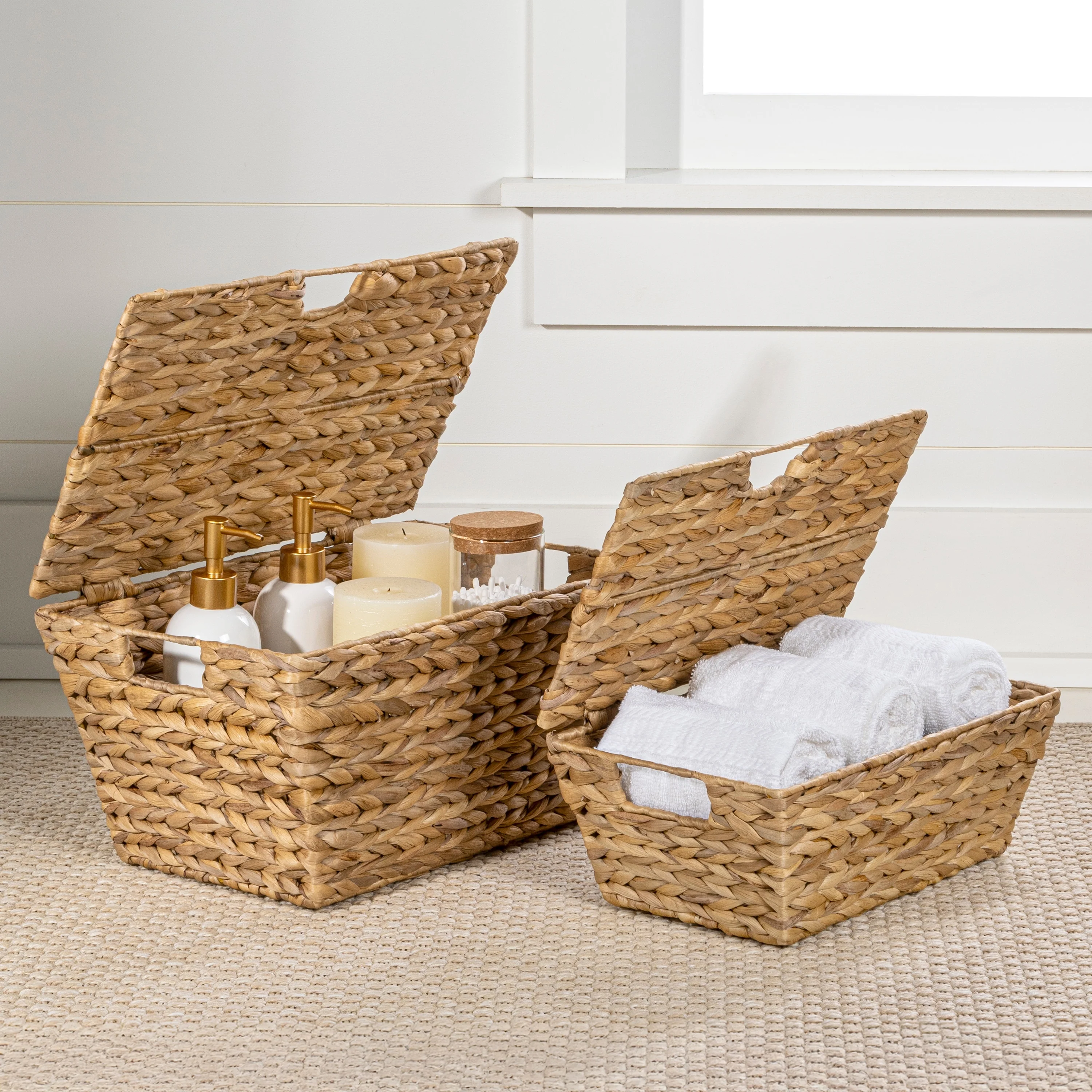Hyacinth Rectangular Storage Baskets with Lids & Handles (Set of 2)