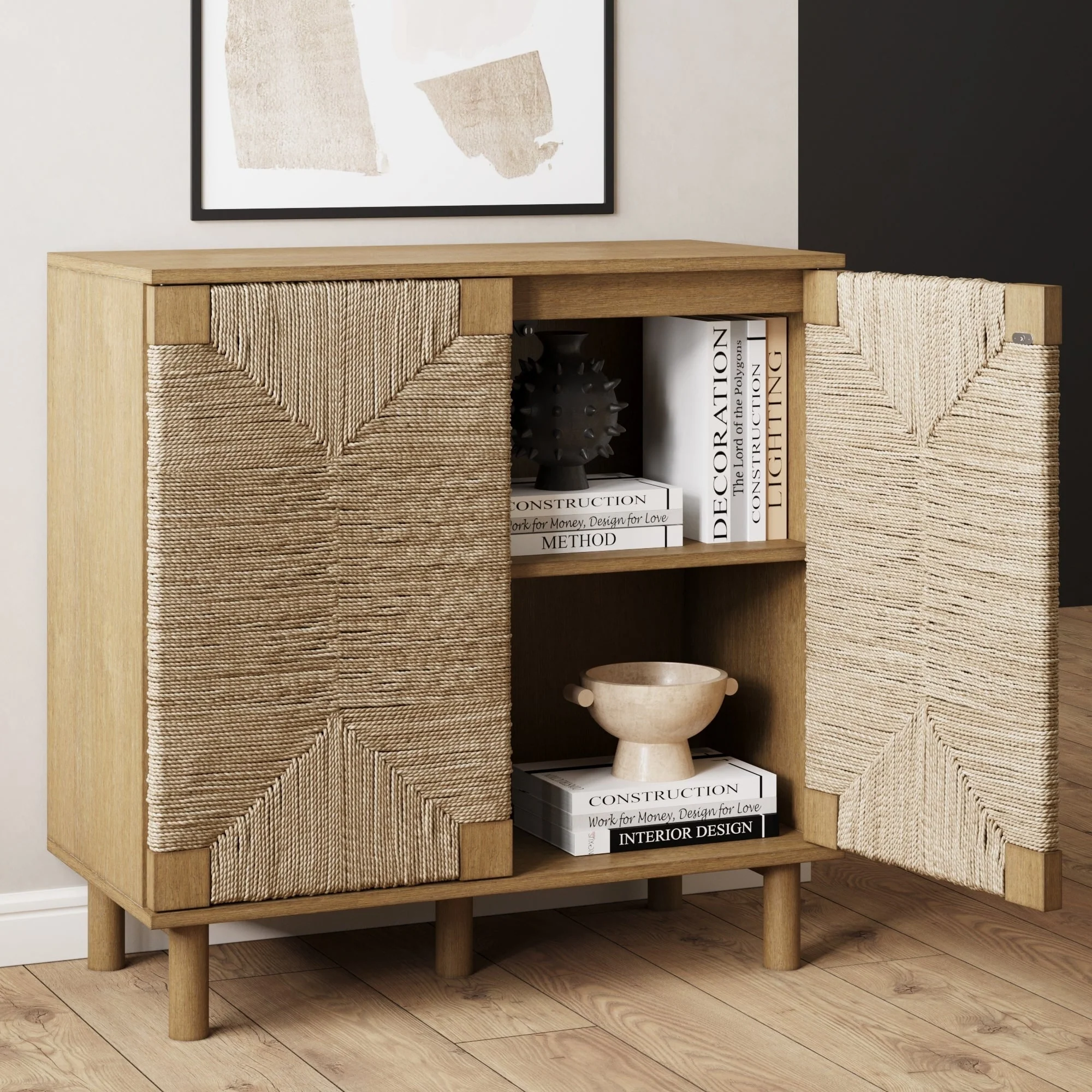 Nathan James Beacon Wood Accent Cabinet with Seagrass Doors and Adjustable Shelf