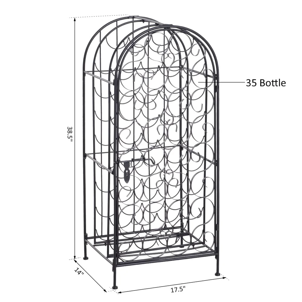 HOMCOM 35 Bottle Wrought Iron Wine Rack Jail with Lock - Black - 17.5*14*38.5