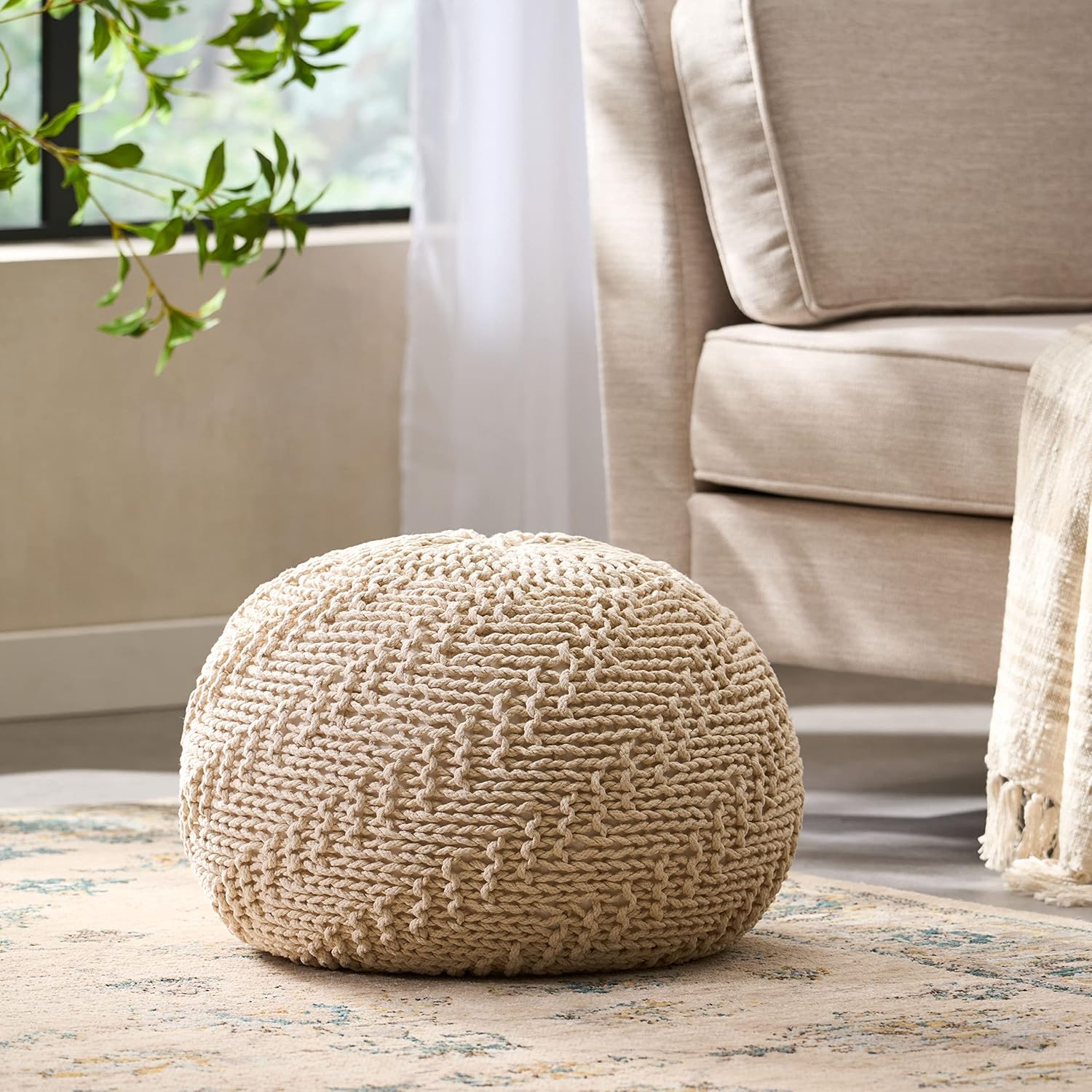 Claritys Round Pouf with Knit Weave Design