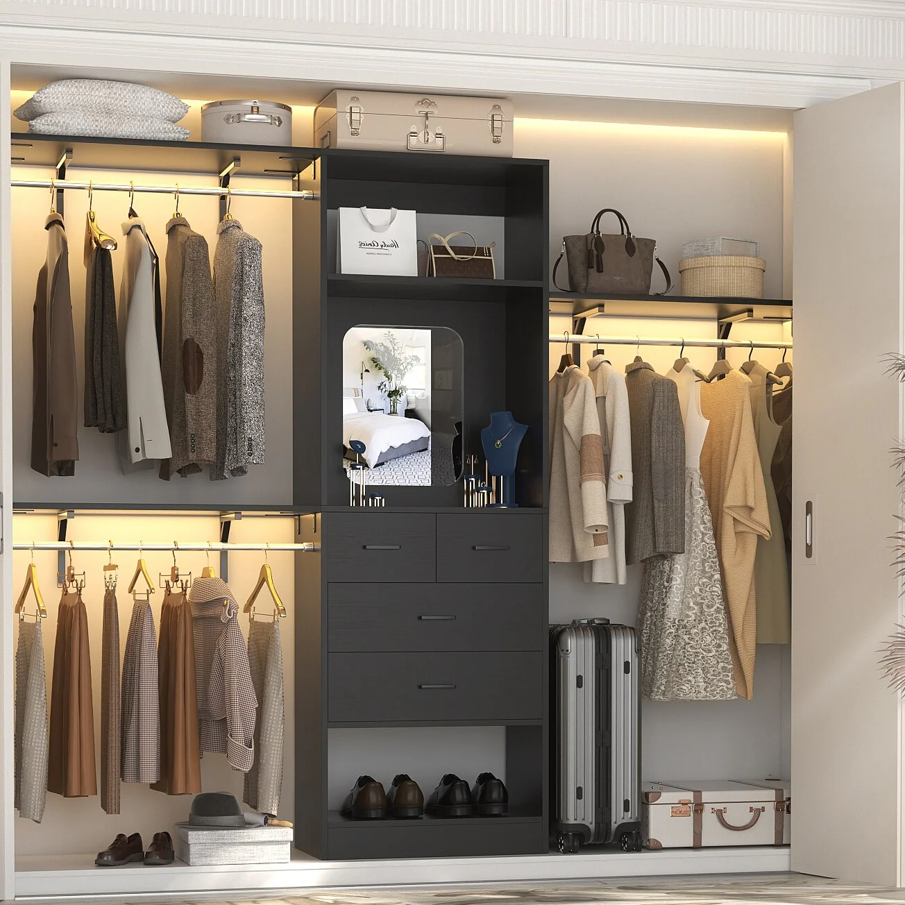96'' W Closet System with Mirror, 8FT Walk-in Closet Organizer Kits with 4 Wooden Drawers ＆ 3 Extendable Hanging Rods
