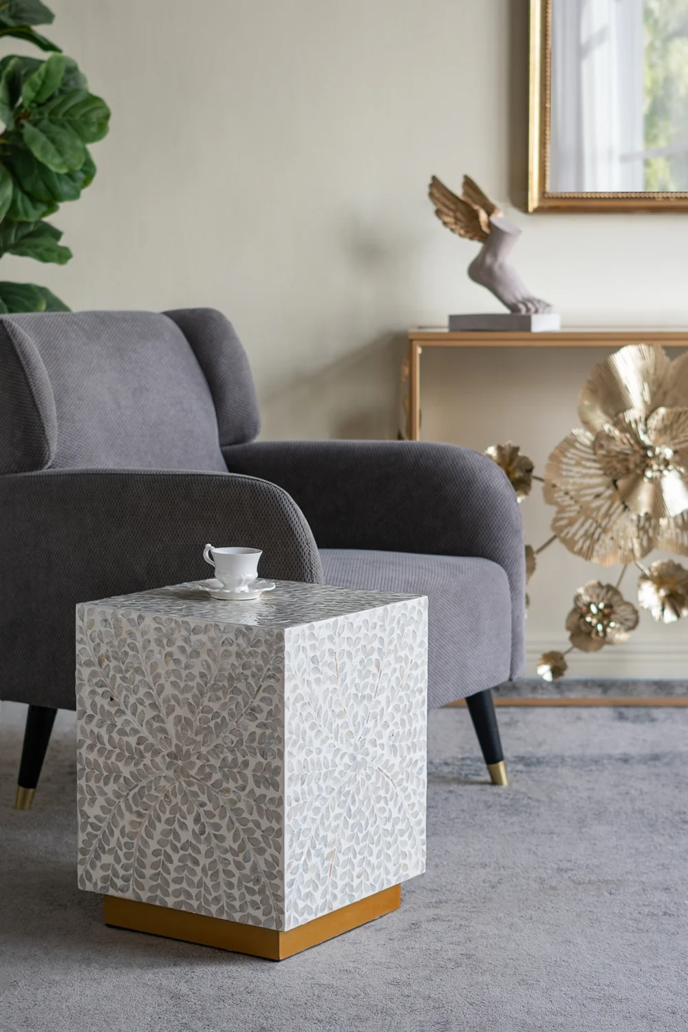 Square White Capiz Side Table
