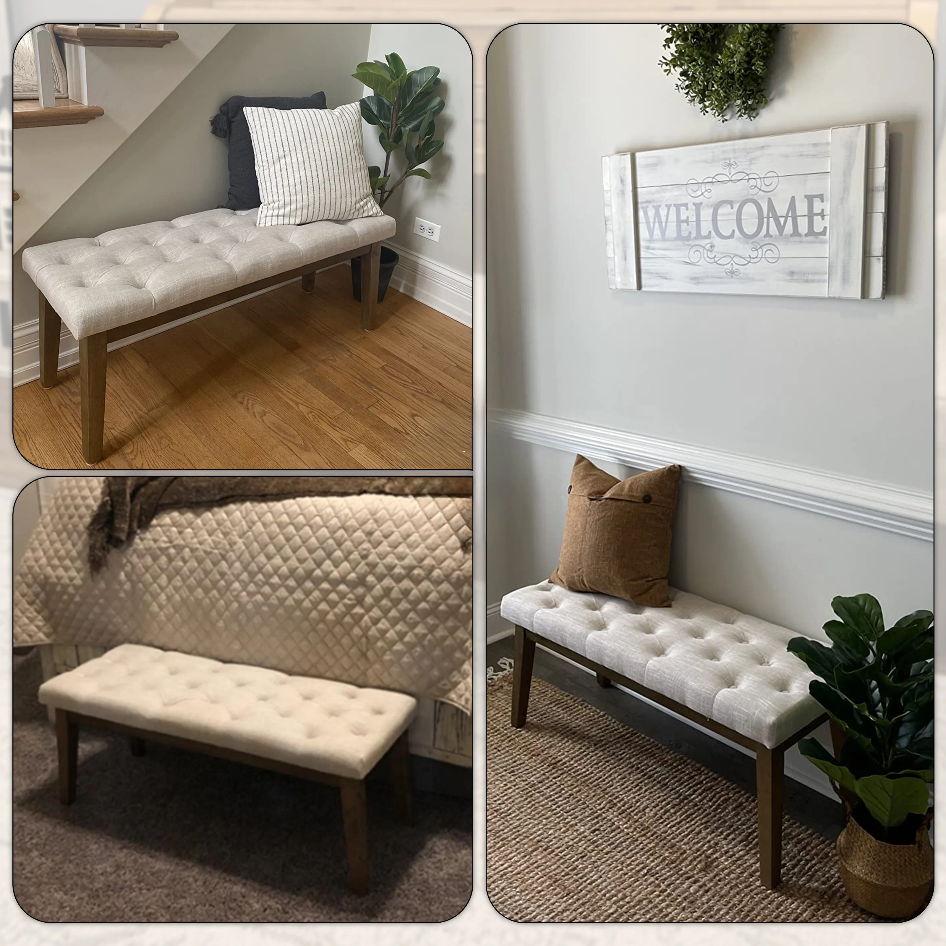 Button-Tufted Bench for End of Bed, Entryway Bench Beige/ Black/ Brown Solid Wood, Leather, Fabric 44-inch