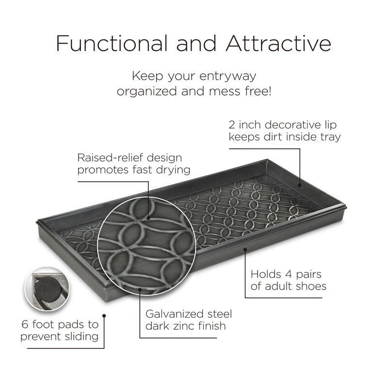 Double Circles Boot Tray for Boots, Shoes, Plants, Pet Bowls, and More, Dark Zinc, Gray Finish by Good Directions