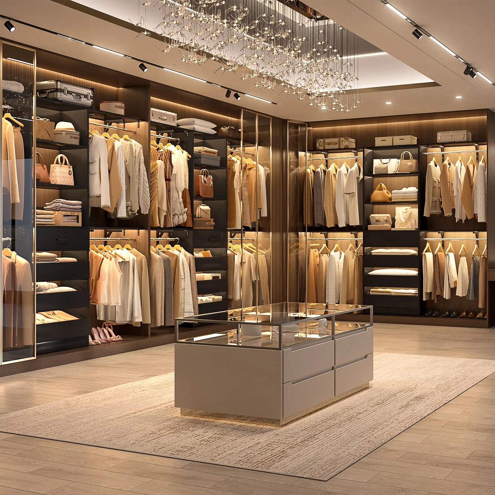 Rackcog 96'' Closet System with 4 Drawers and 4 Hanging Rods, 8FT Wood Closet Organizer for Walk-in Closet