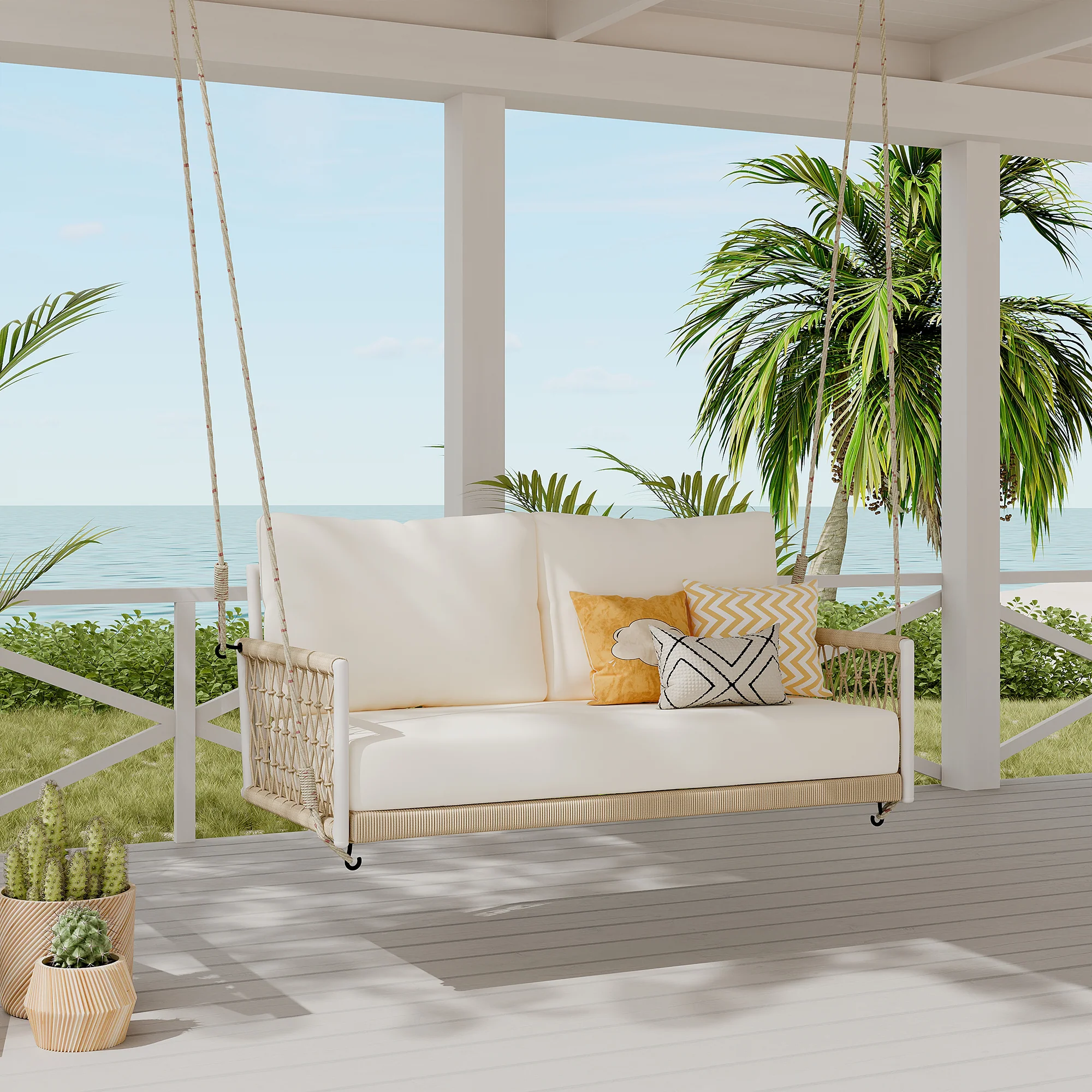 Outdoor Woven Rope Swing Sofa with Iron Frame and Soft Cushions