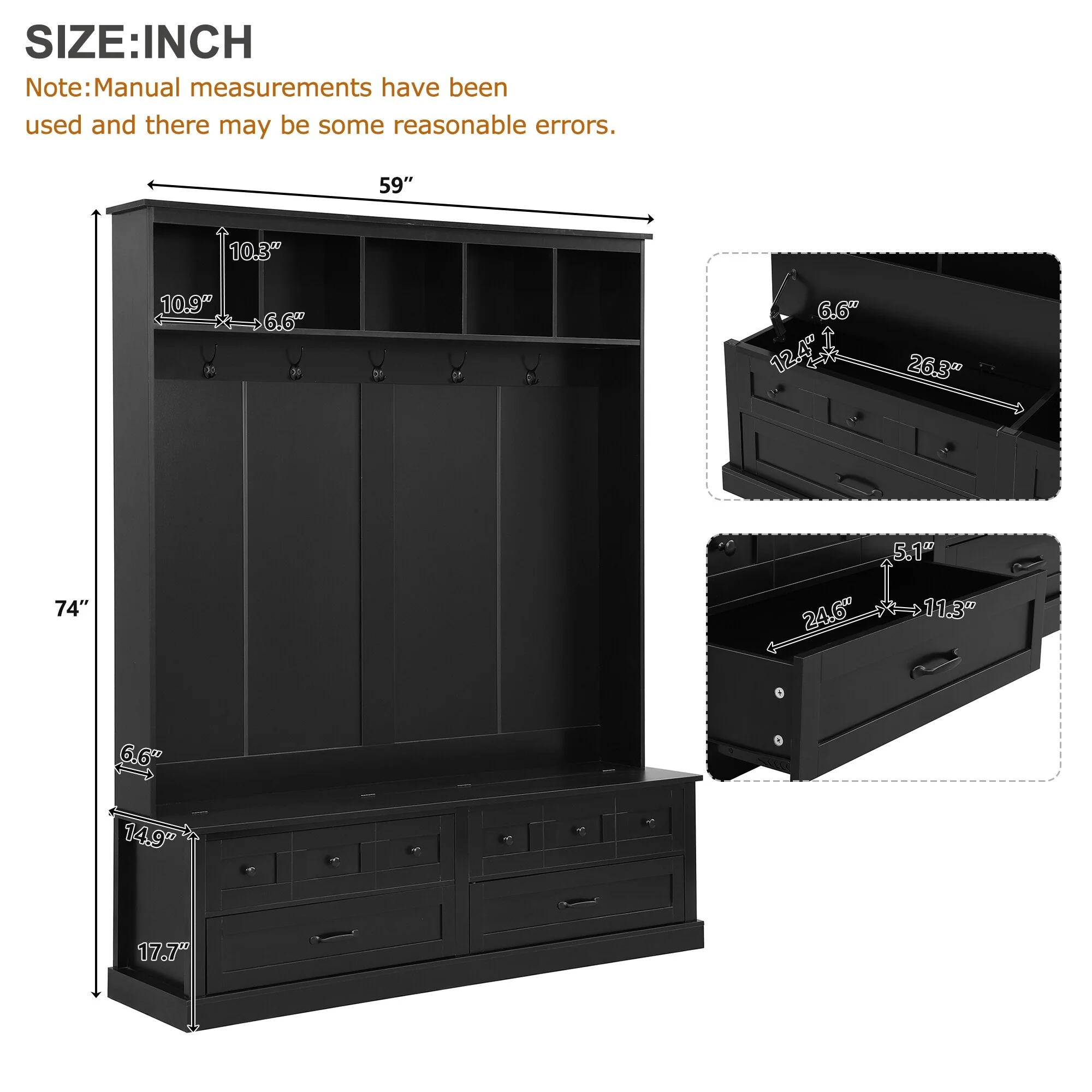 Elegant Wide Hall Tree with 5 Hooks, Versatile Entryway Lift Top Storage Bench with 2 Drawers