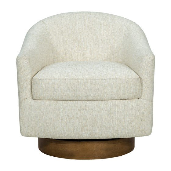Upholstered Swivel Chair with Wood Base and Curved Back