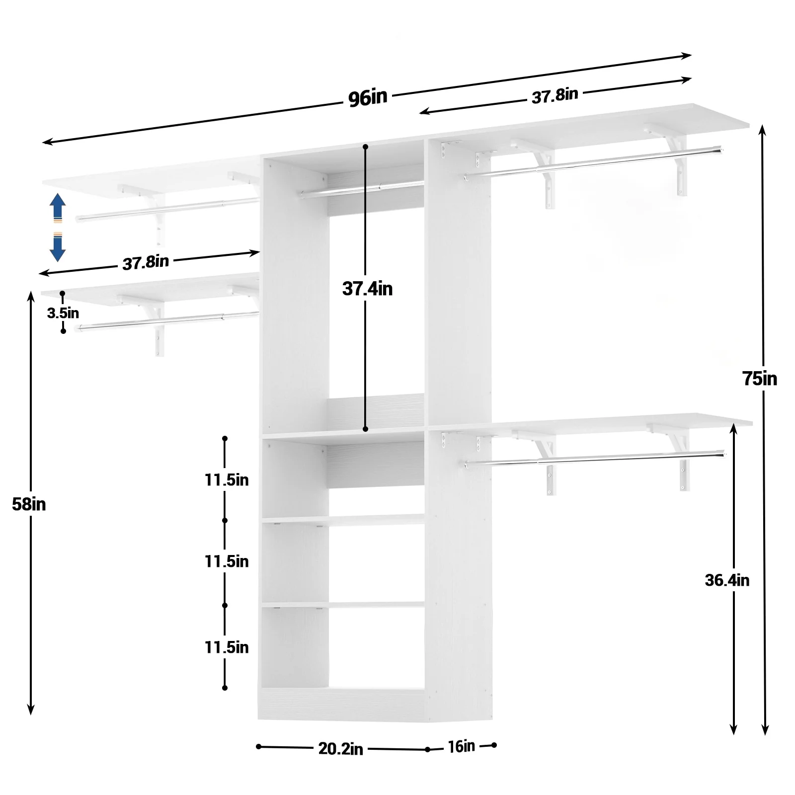 Rackcog 20-96'' W Closet System Starter Kit, Sturdy DIY Closet Organizer with 3 Winged Storage Shelves