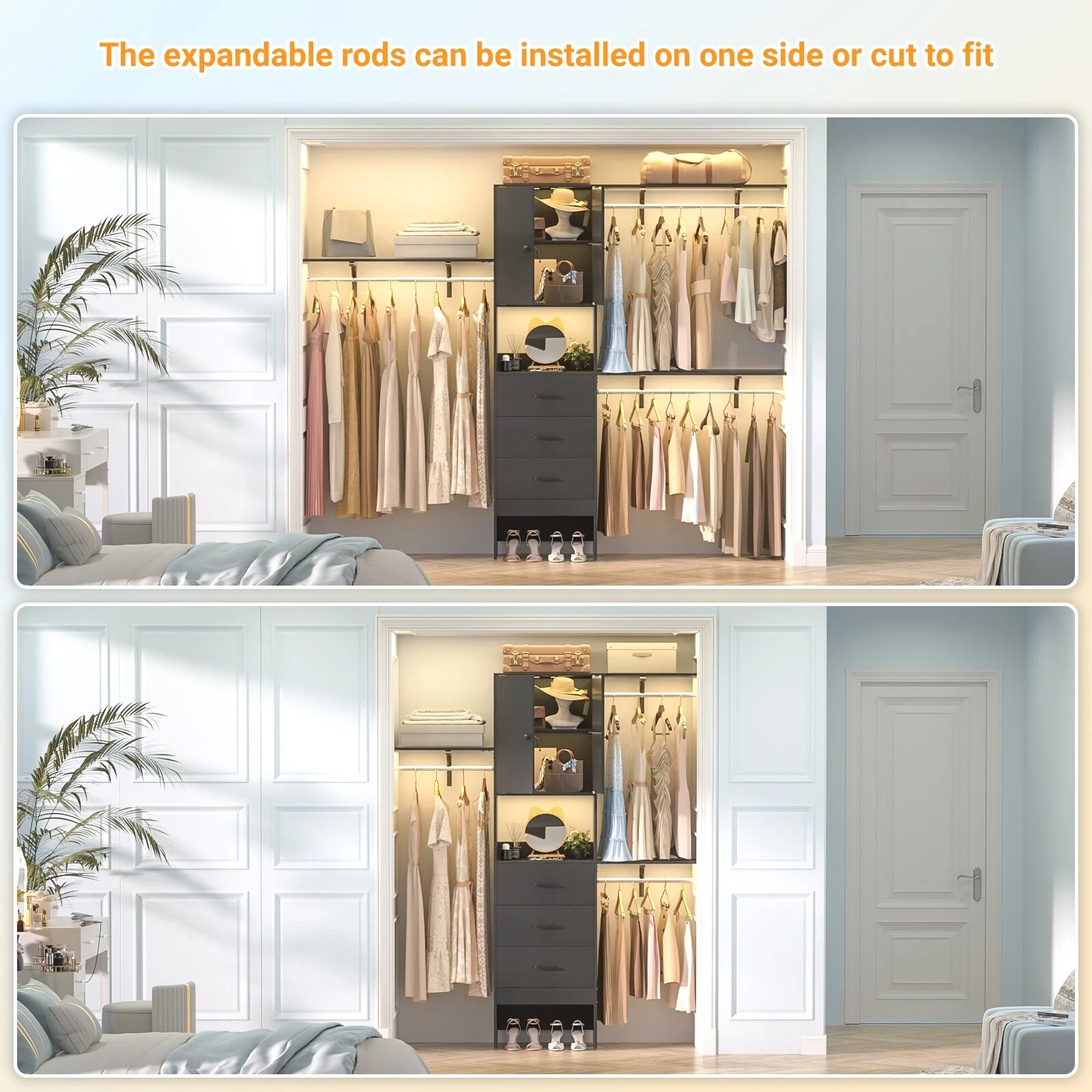 20''-96'' Wide Wooden Closet Organizer With Doors, Adjustable Closet System with Drawers and Hanging Rods