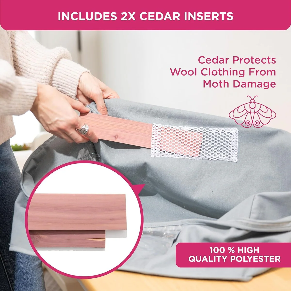 Clothes Storage Bag Organizer with Cedar Insert to Protect from Moths, Moist, Dirt, Dust etc. - Set of 2 Bags