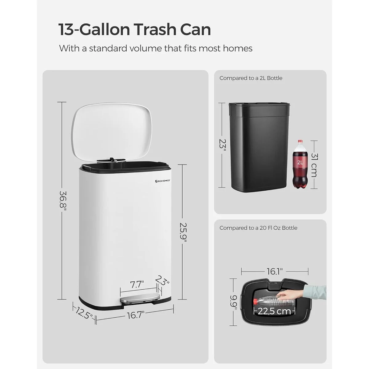 SONGMICS 13.2 Gallon Trash Can, Stainless Steel Garbage Can, White