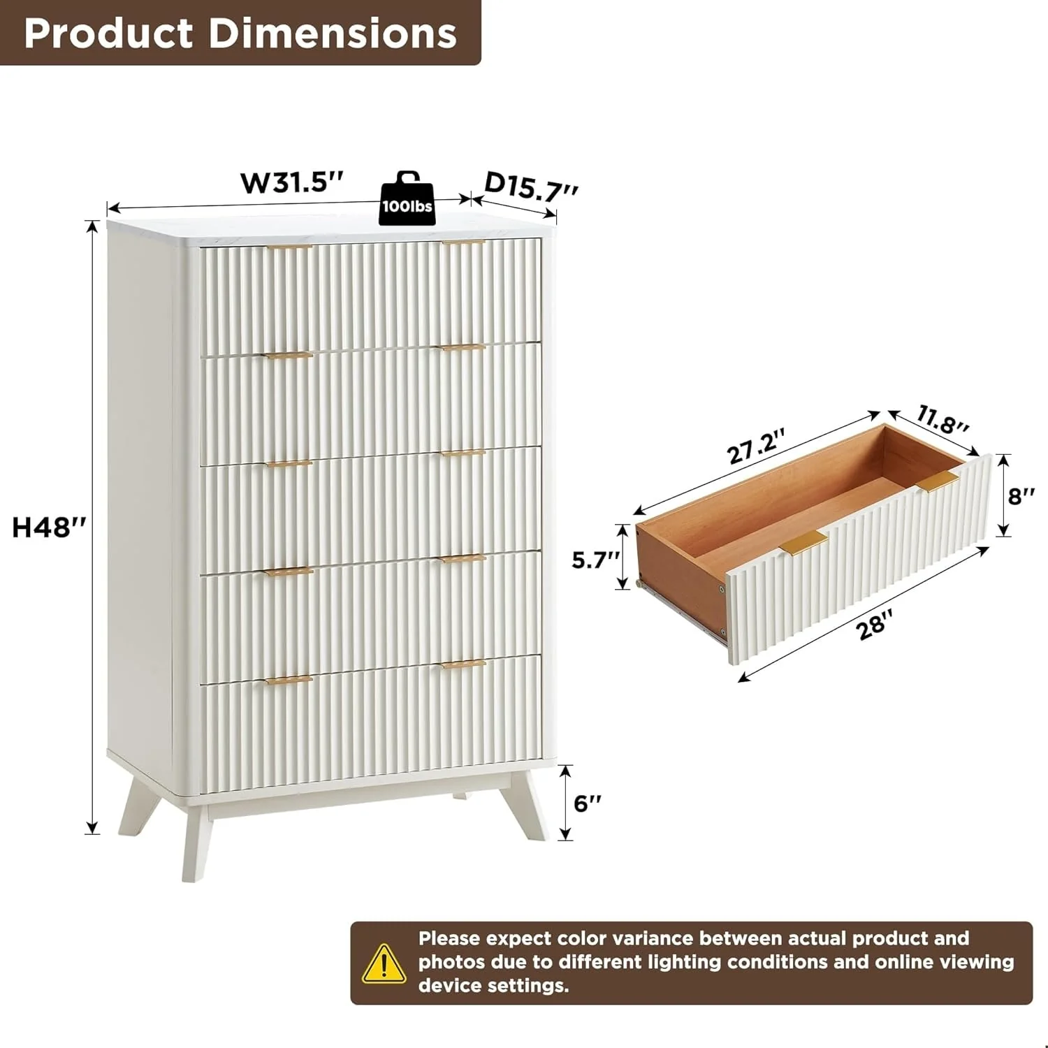 Modern Fluted 5 Drawers Dresser, Chest of Drawers, Dresser TV Stand