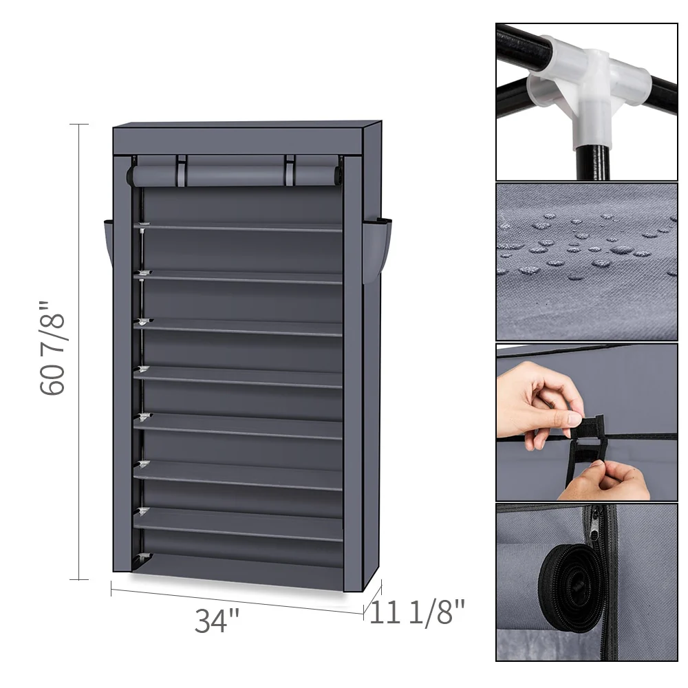 10 Tiers Shoe Rack with Dustproof Cover Closet Gray