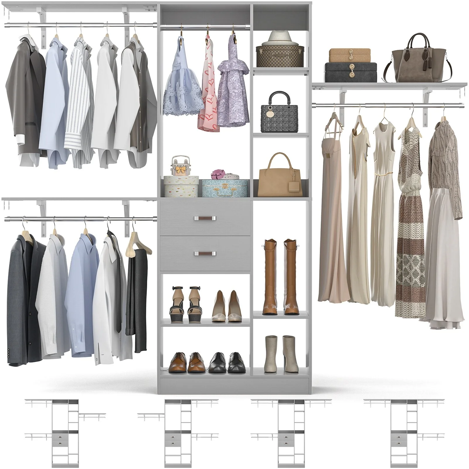 31.5'' to 96'' W Closet Organizer System with Drawers and Tower Shelves for Reach-in and Walk-in Closet