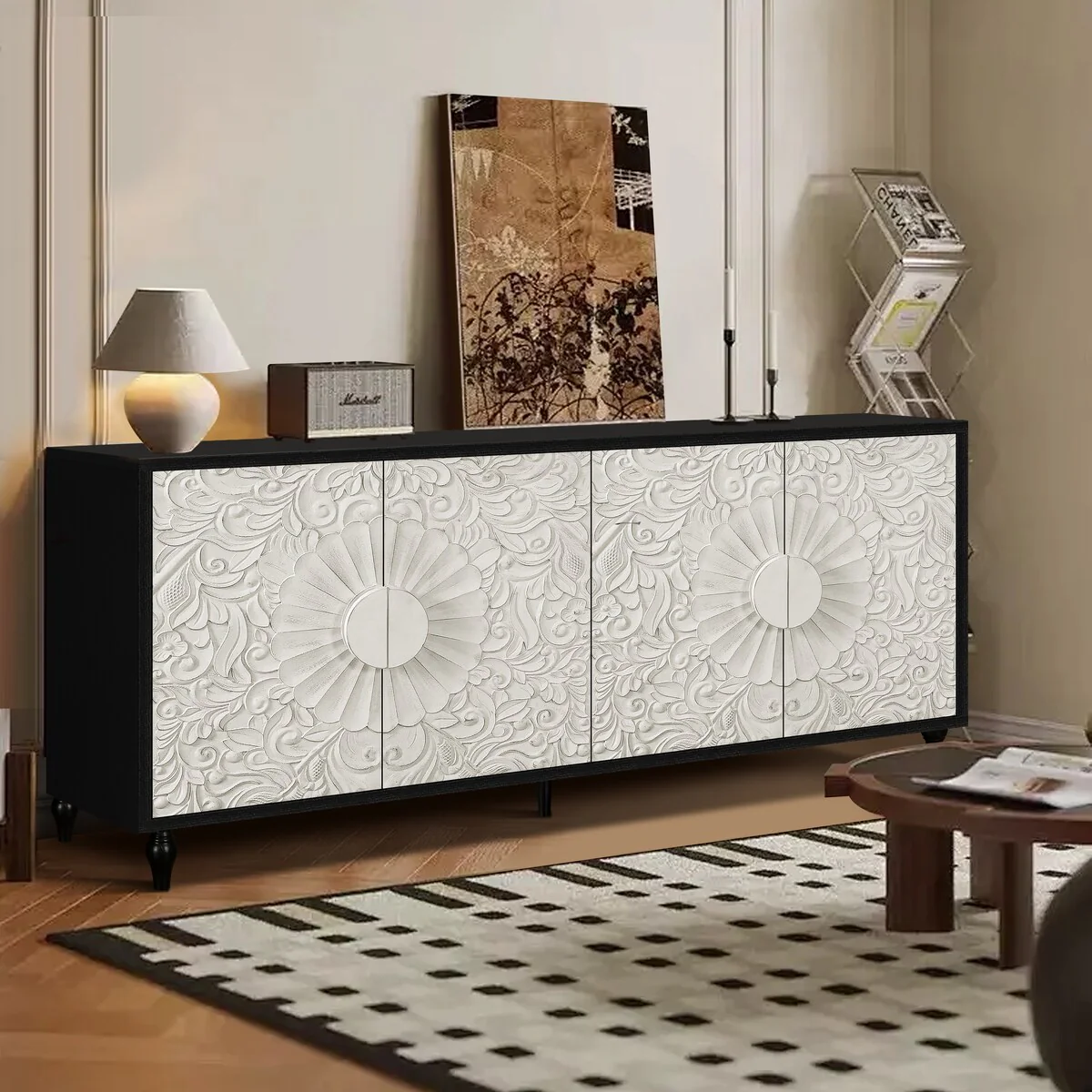 Carved Symmetrical Design Door And Wood Coloured Frame For Tv Stand Table