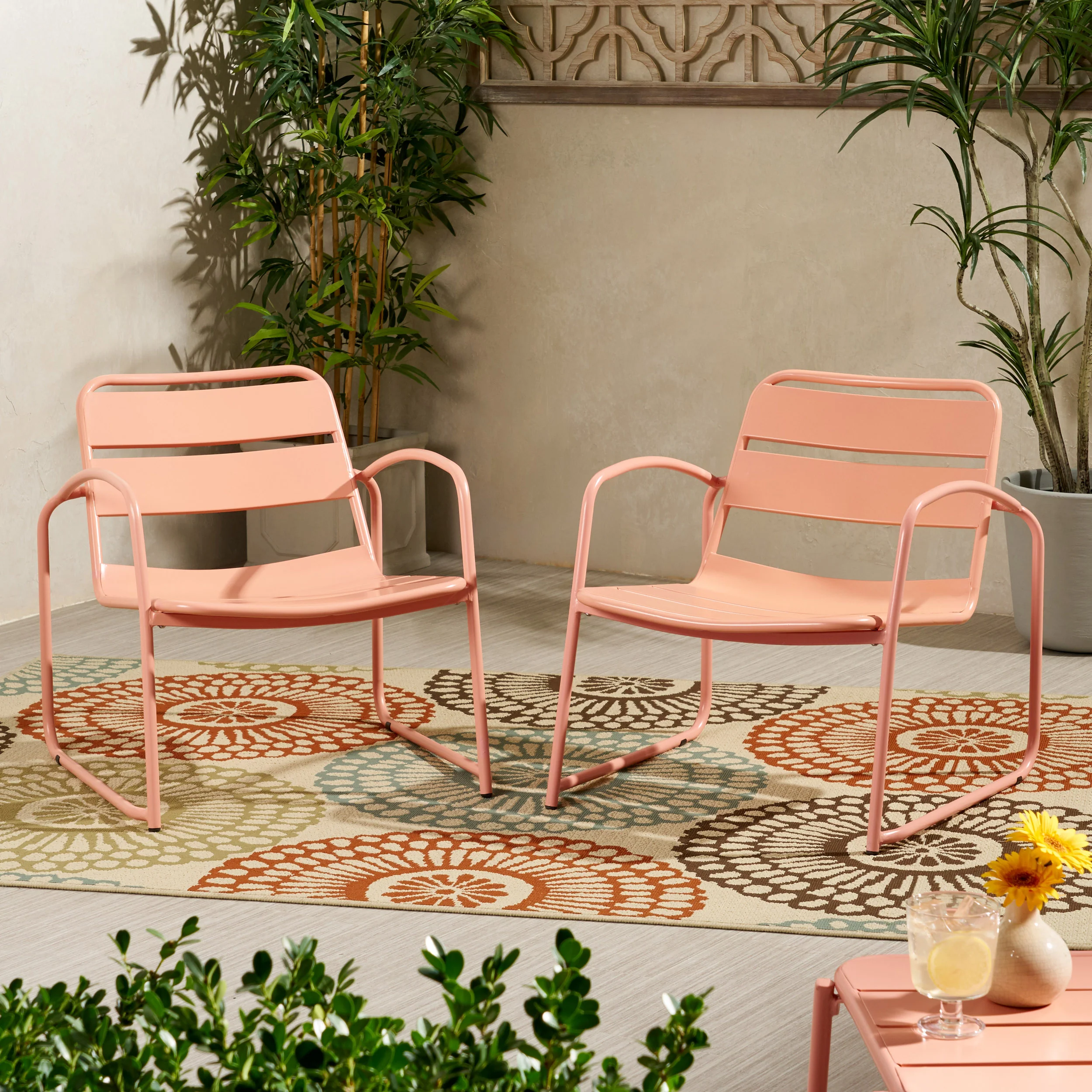 Outdoor Iron Chair with Open Slat Design and Curved Arms, Set of 2