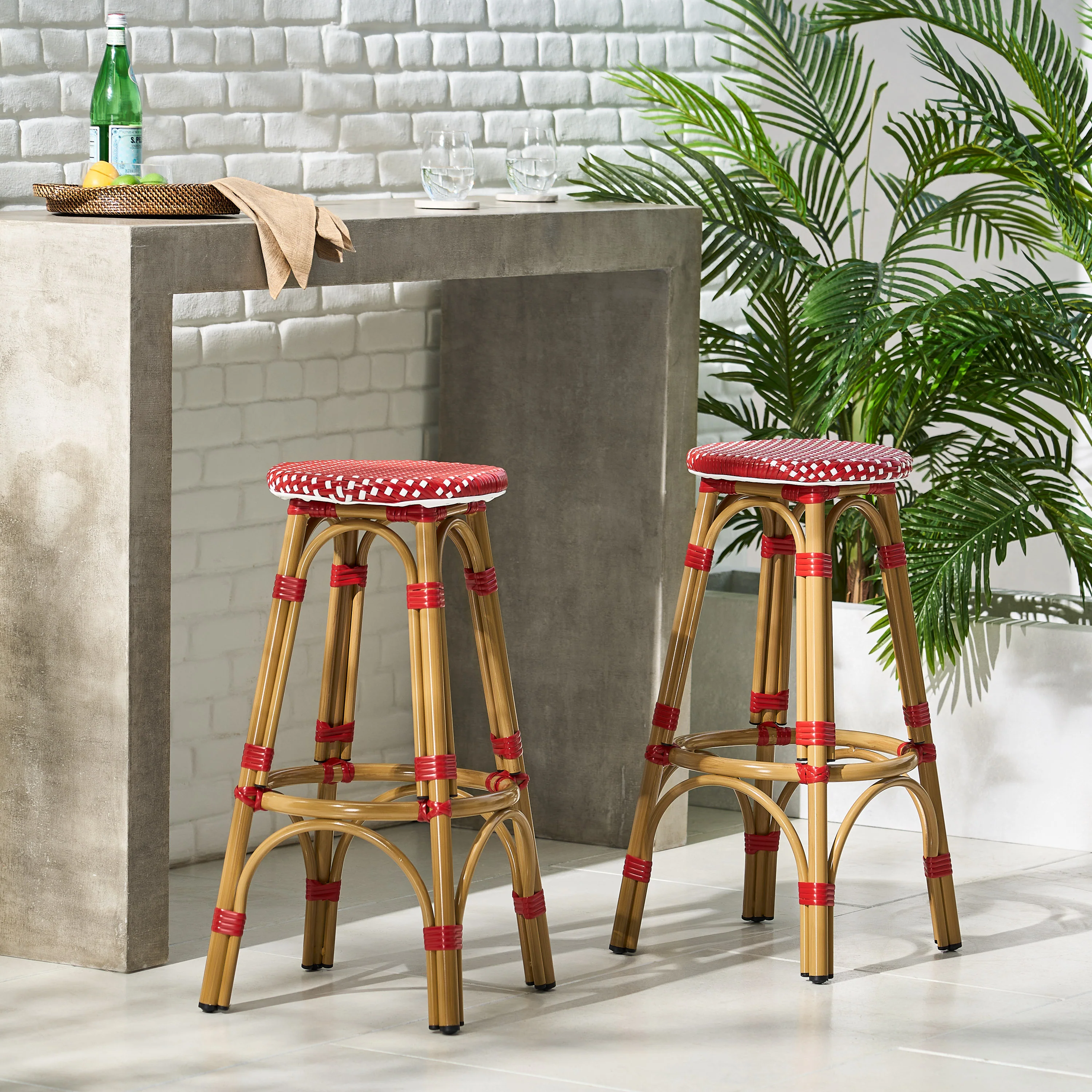 Trillium Outdoor PE Rattan and Aluminum French Backless Bar Stool, Set of 2