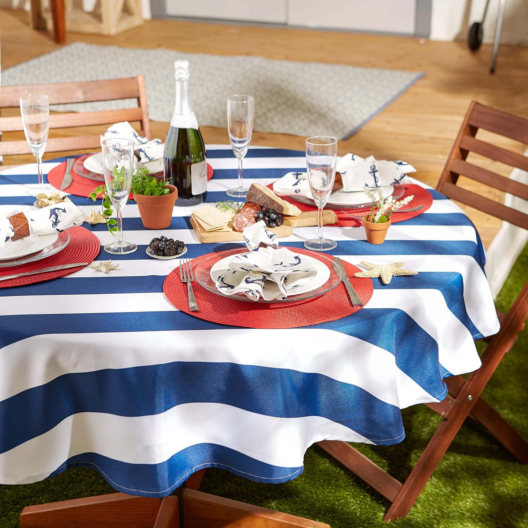 Nautical Blue Cabana Stripe Outdoor Tablecloth