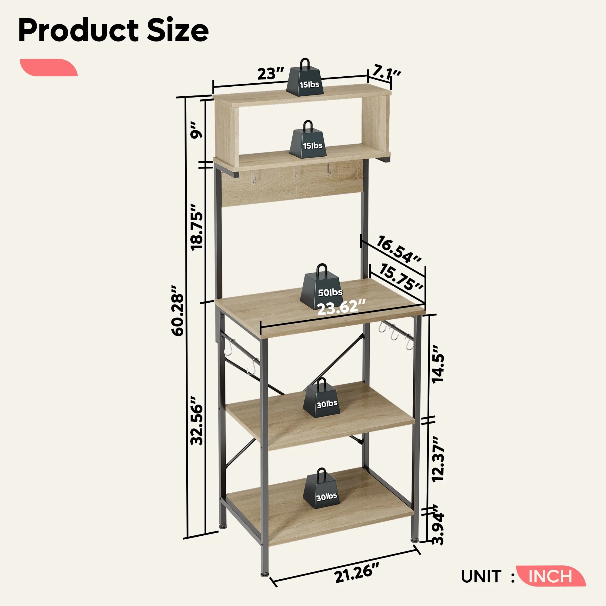 60 Inch Kitchen Baker's Rack with Hutch 8 Side Hooks
