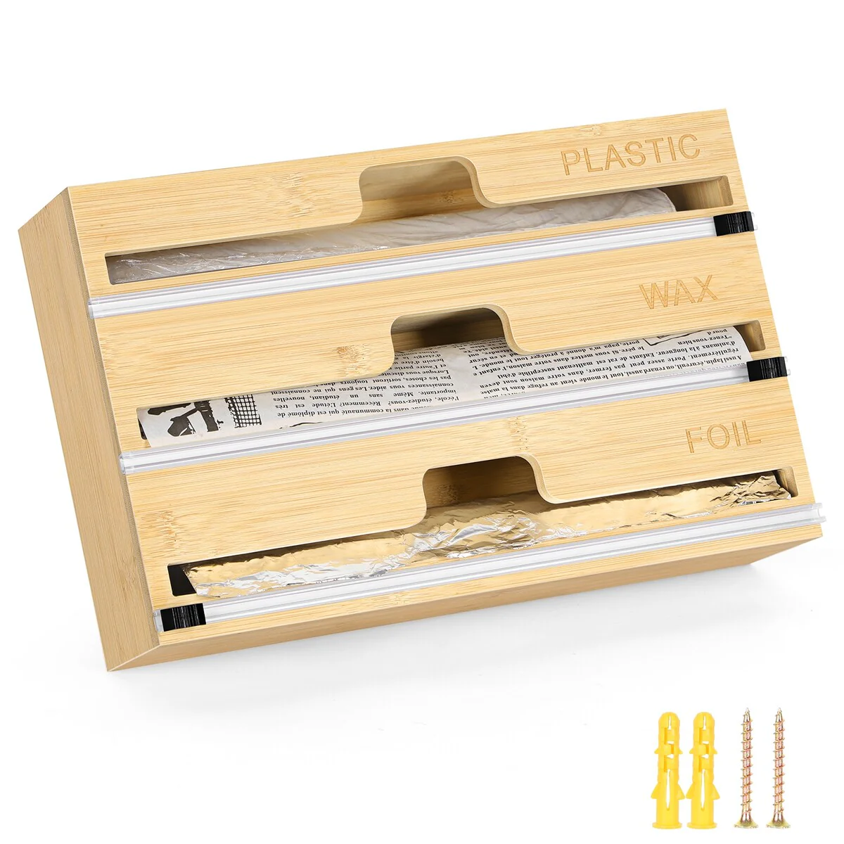 Plastic Wrap, Aluminum Foil and Wax Bamboo Dispenser for Kitchen Storage - 1PCS