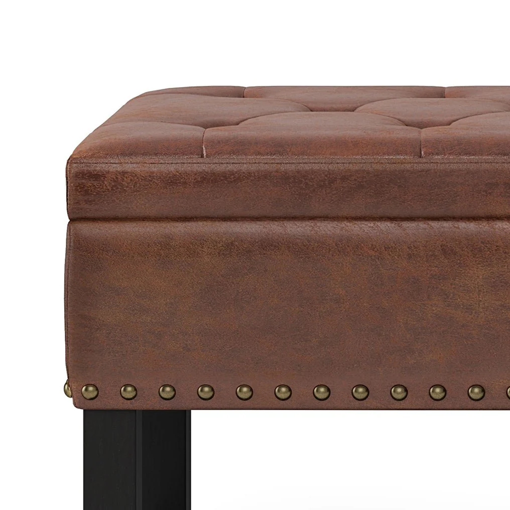 Upholstered Faux Leather Storage Ottoman with Tufted Top, Nailhead Trim and Open Bottom Shelf