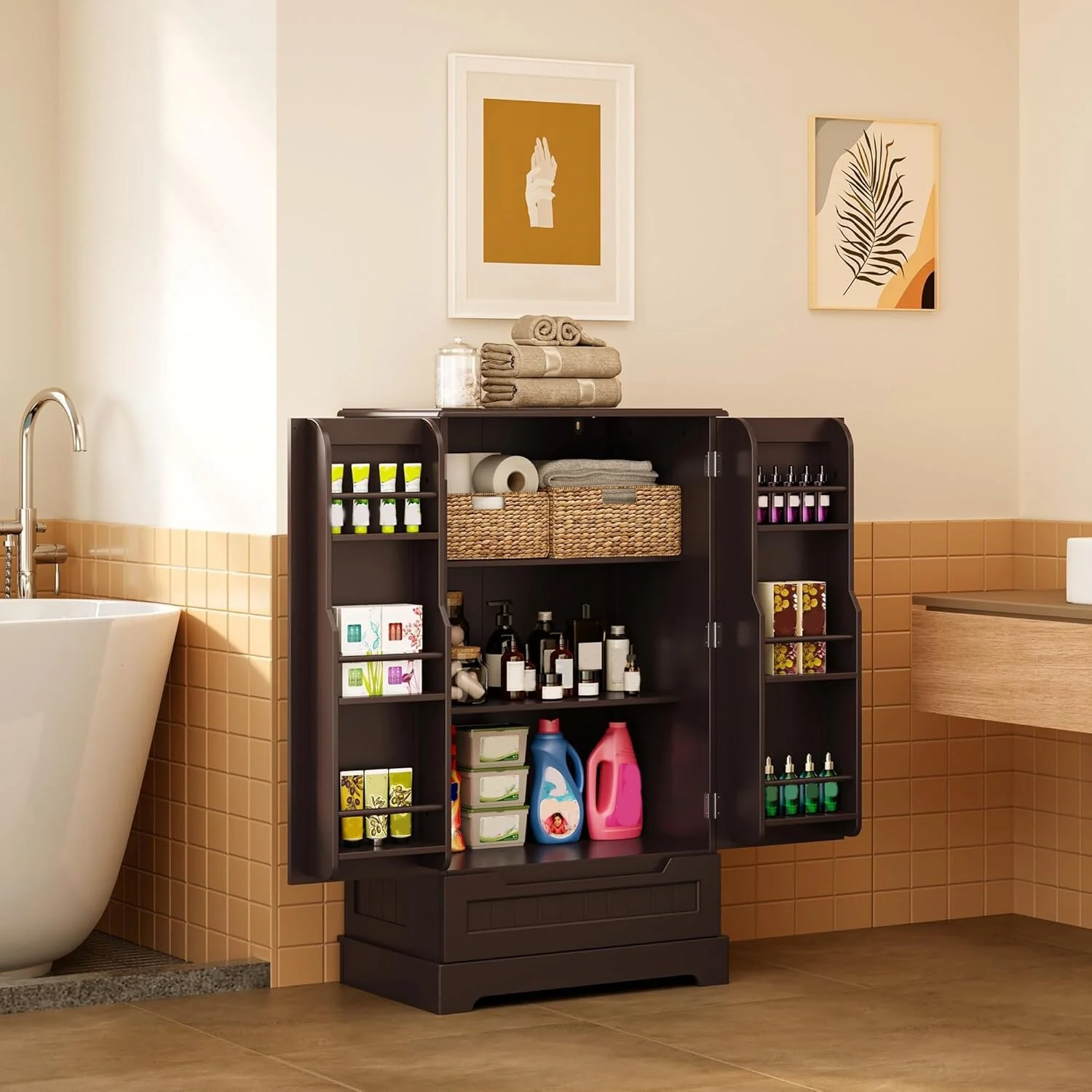 Kitchen Pantry Storage Cabinet, Freestanding Storage with Shelves and 1 Drawer