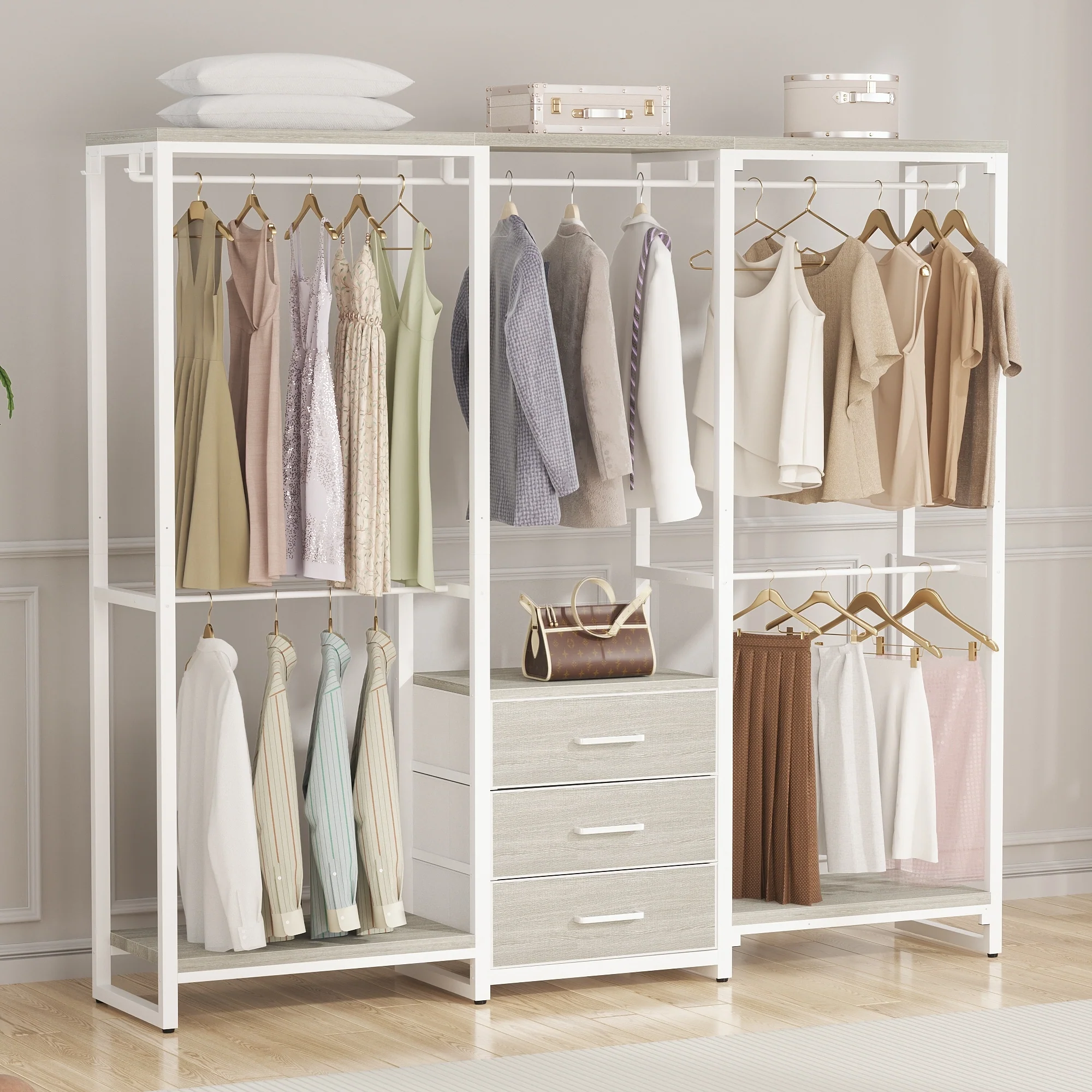 65.6'' Heavy-duty Garment Rack, Freestanding Closet Organizer with Fabric Drawers and 5 hanging Rods