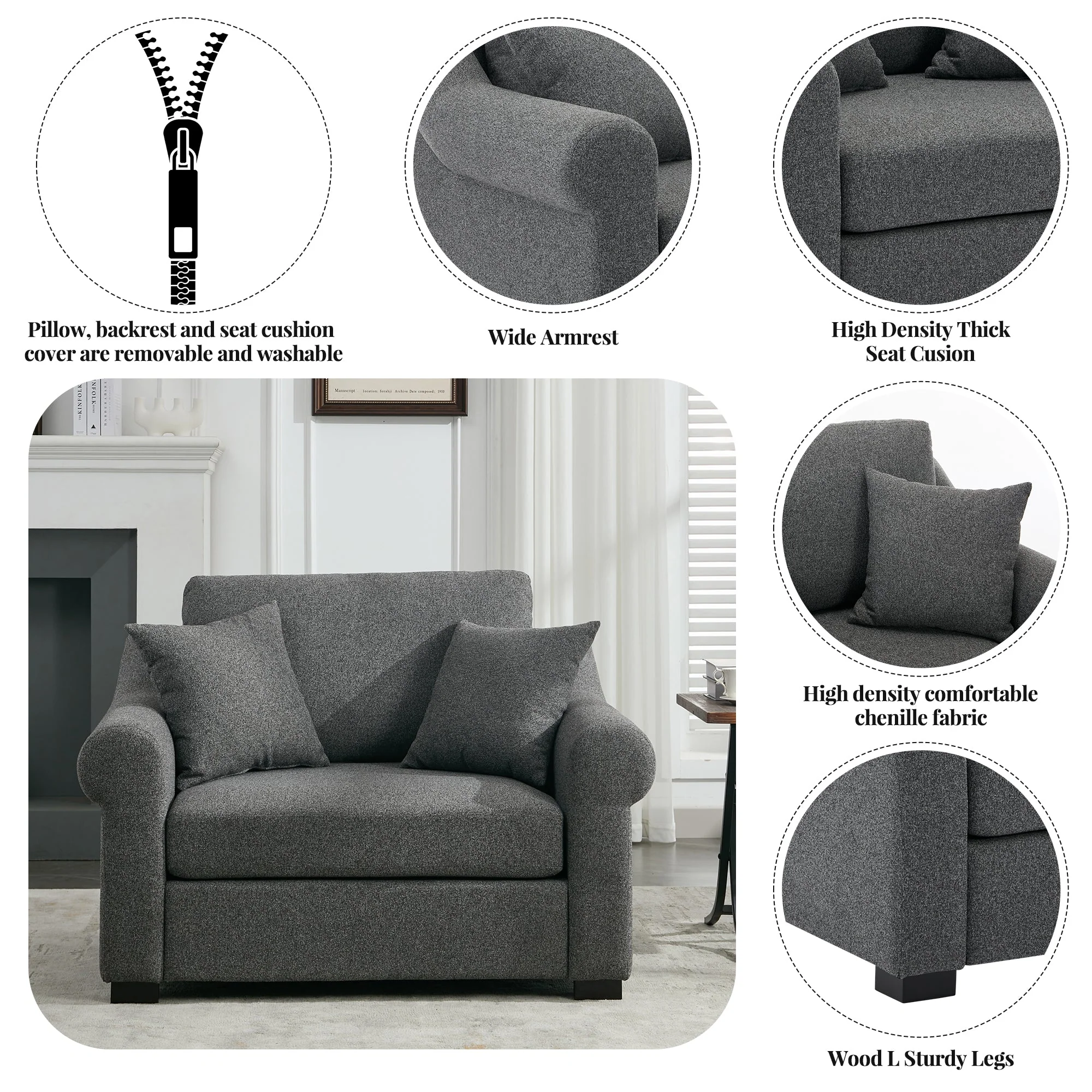 Elicited Upholstered Arm Chair with Wide Armrests and Removable Cushion