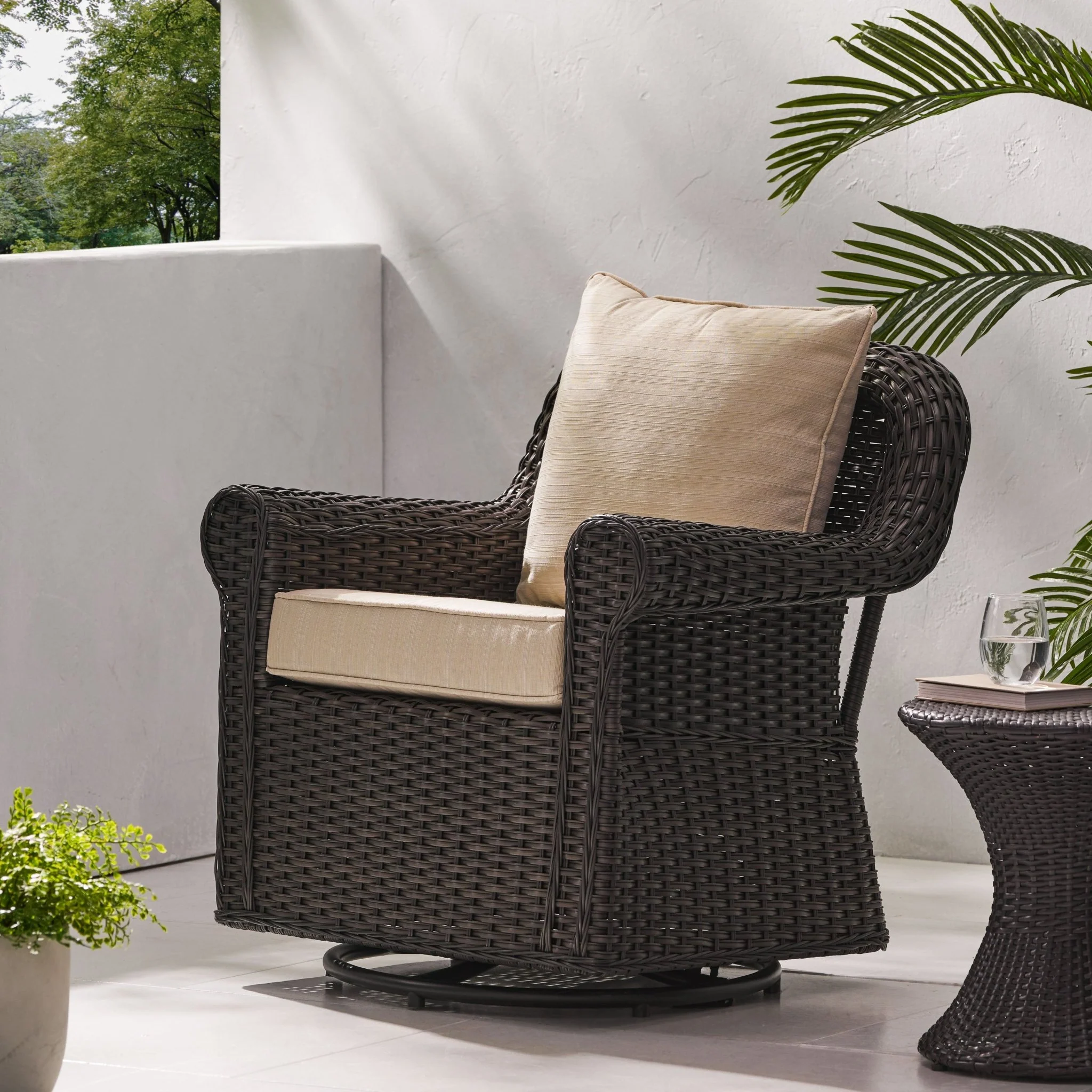 Outdoor Rattan Swivel Chair with Rolled Arm and Water-Resistant Cushions