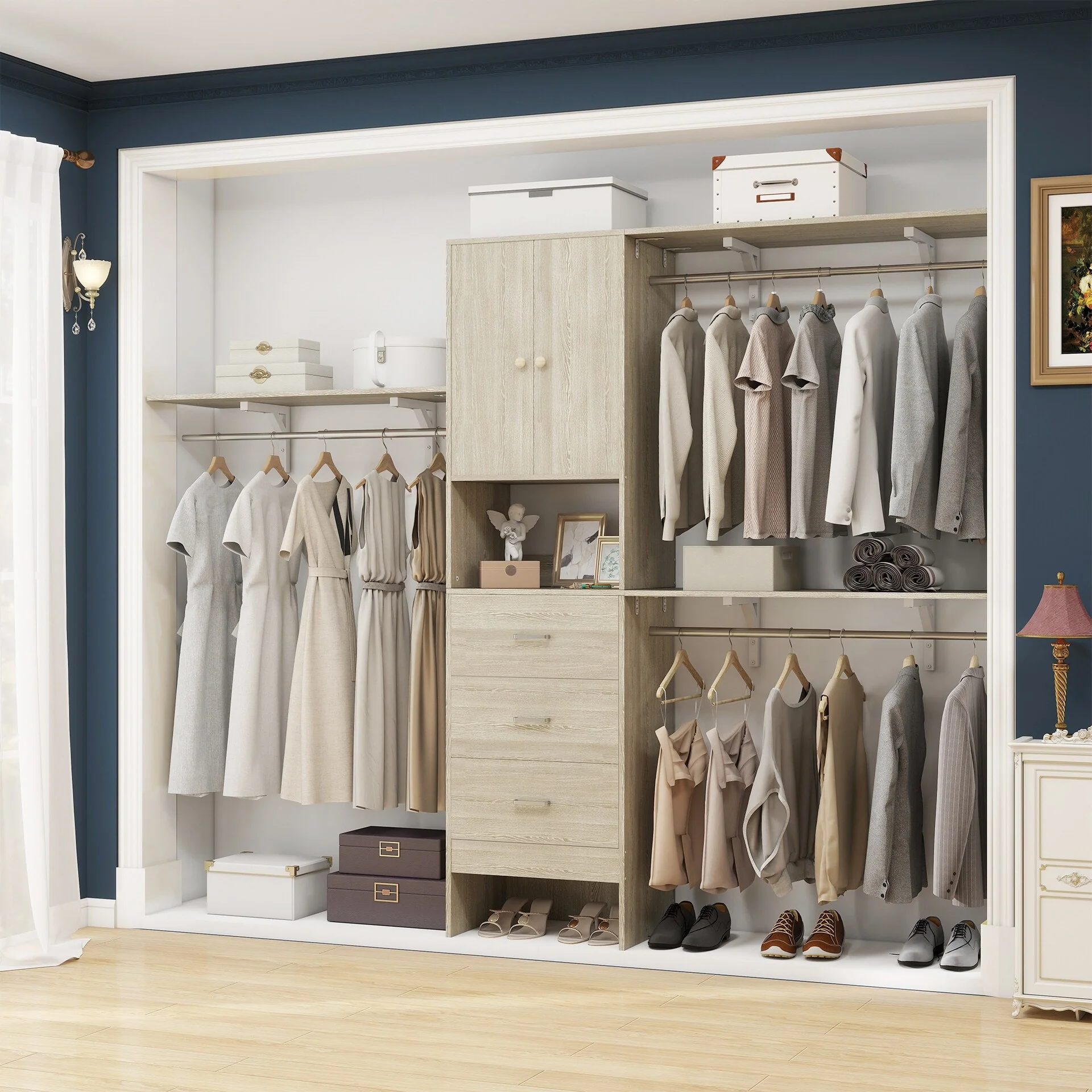20''-96'' Wide Wooden Closet Organizer With Doors, Adjustable Closet System with Drawers and Hanging Rods