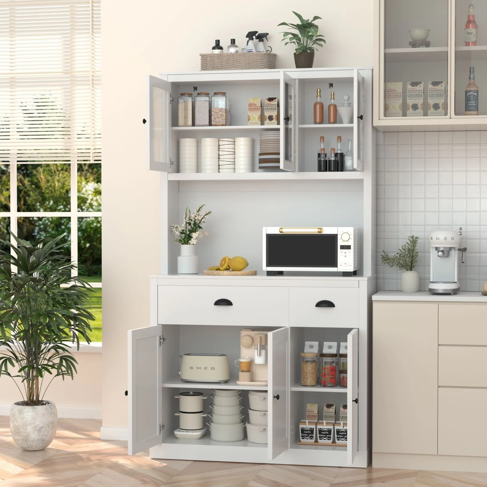 VEIKOUS Kitchen Pantry Storage Cabinet Cupboard with Framed Glass Door and Drawer