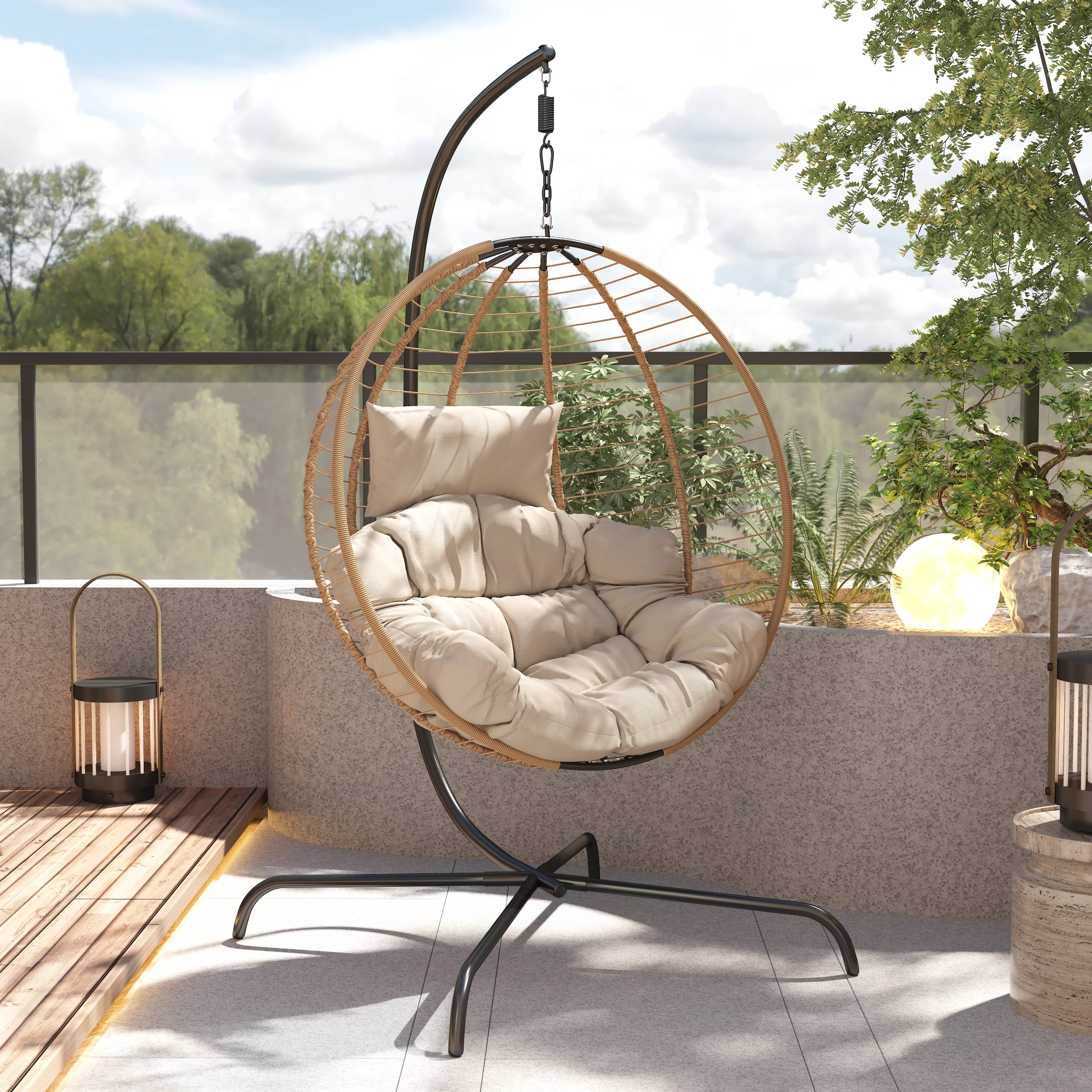 Outdoor Wicker Hanging Chair with Metal Stand