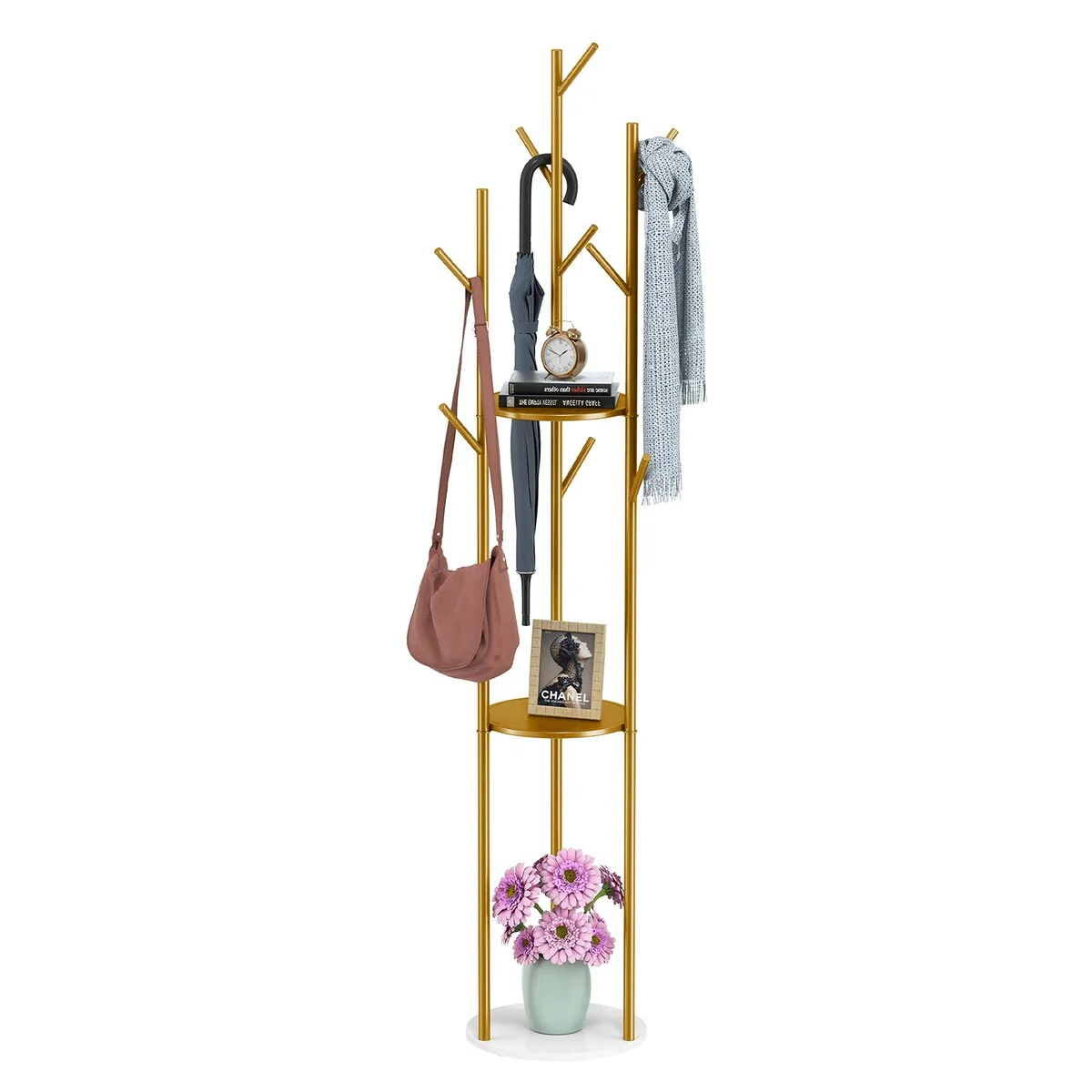 Marble Base Freestanding Clothes Hanging Rack Stand with Storage Shelf