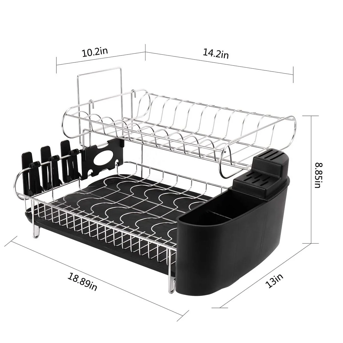 Double Tier Stainless Steel Dish Rack, with Drainboard Set and Utensil Holder - Large