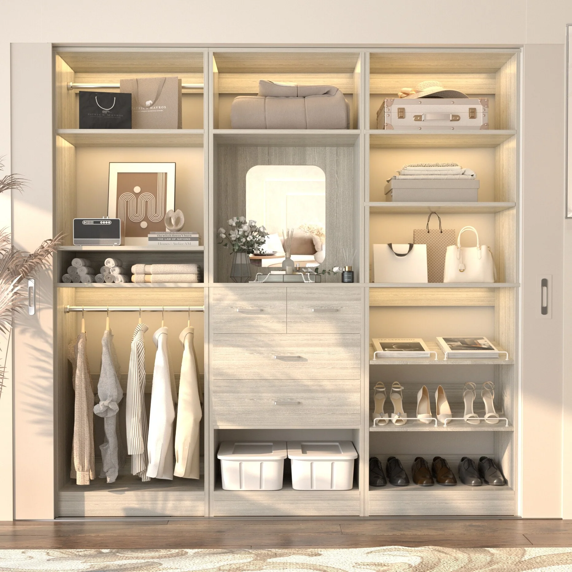 Cimly Set of 3 Freestanding Closet System with Drawers and Shoe Racks, 75'' Closet Organizer with Hanging Rods and Mirror