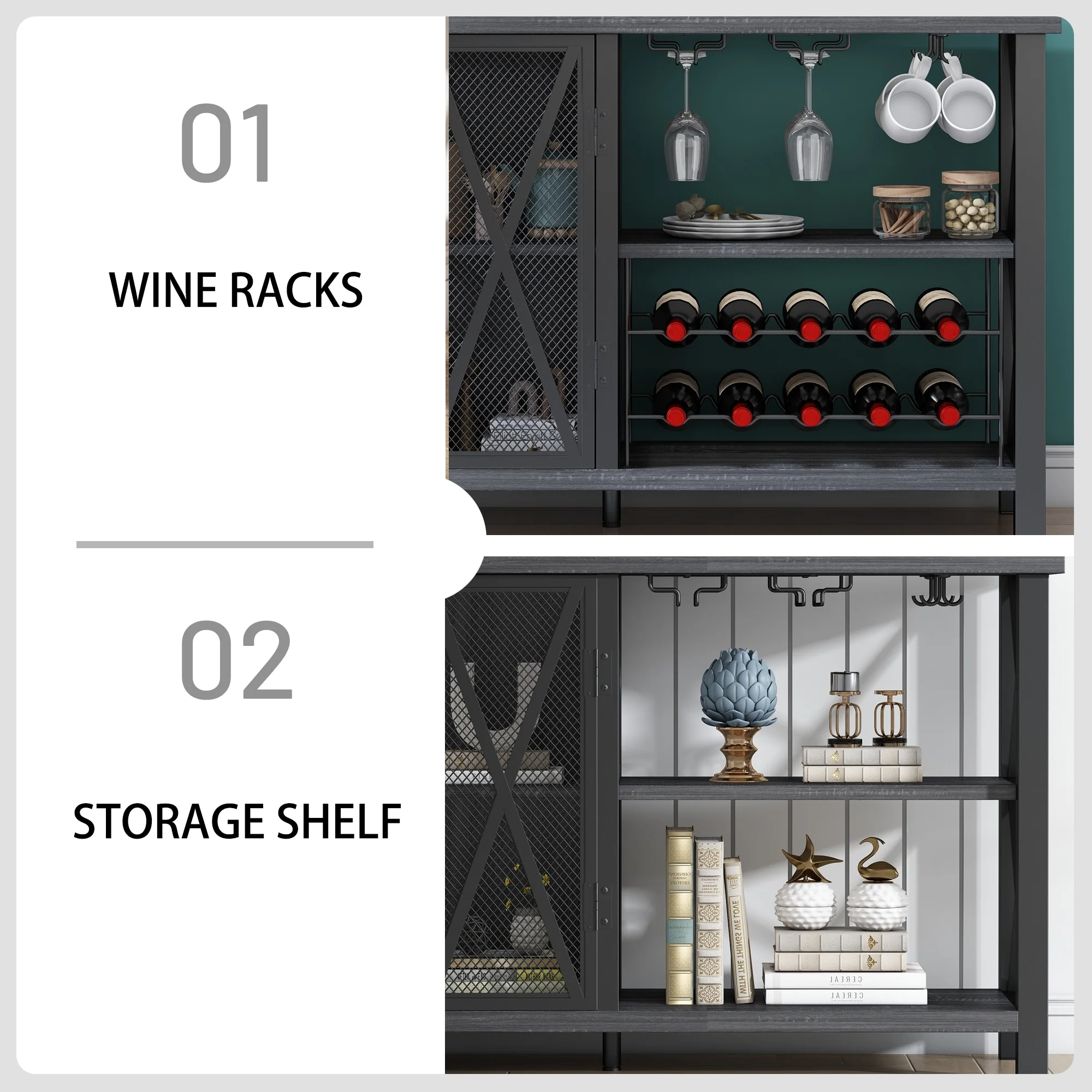 Myhozm Buffet Bar Cabinet with Wine Rack, Modern Buffet/Sideboard Wine Bar Dining Server, Grey/Brown