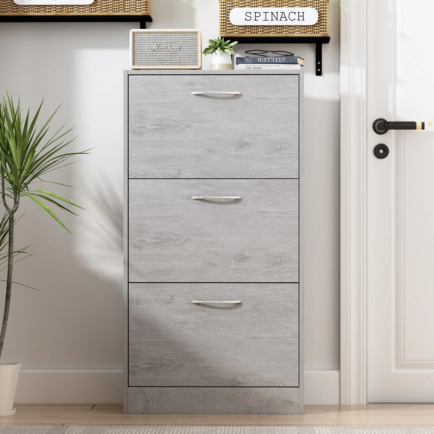 Timechee Grey Entryway Shoe Spcase Saving Cabinet with 3 Drawers